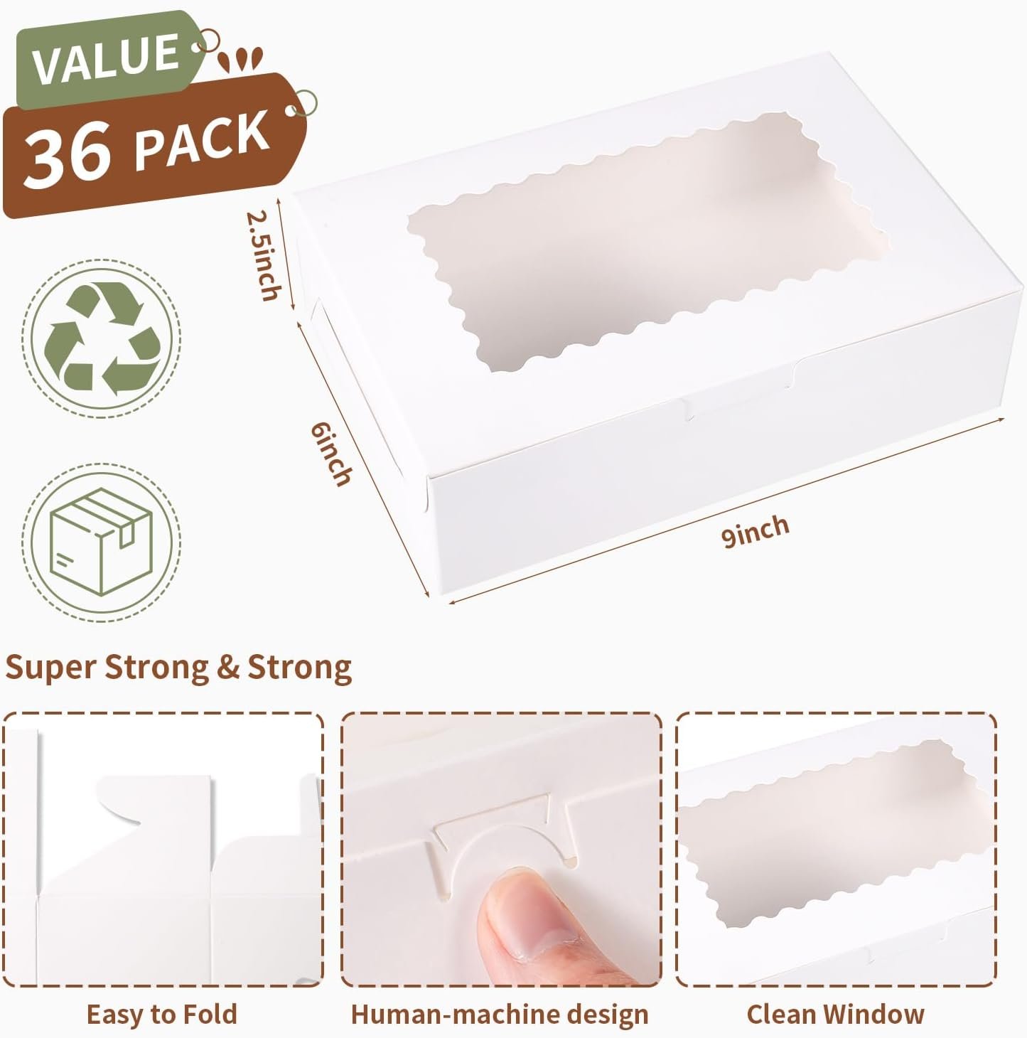 Großhandel 36 Stück große Bakery-Boxen 9x6x2,5 Zoll mit Fenster für Pies, Schokolade, Erdbeeren, Muffins, Donuts, Gebäck und Desserts, Individuelles Logo, OEM, Bulk