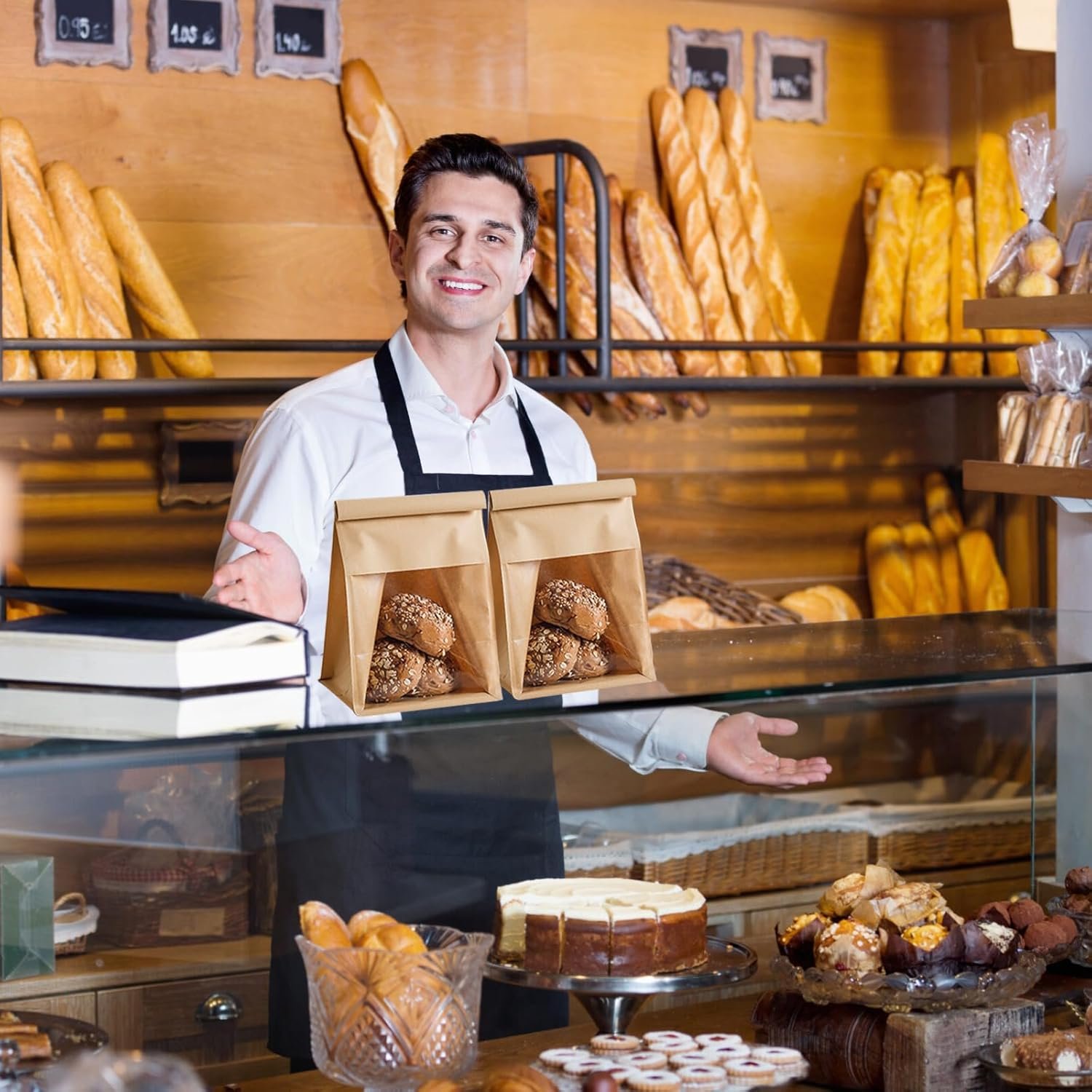 Großhandel 100 Stück Papiertüten mit Fenster, 5,1 x 4,3 x 11,2 Zoll, Braune Tin Tie Tab Lock Tüten für Plätzchen Verpackung, OEM Kraftpapier Tüten für Geschenke und Hochzeitsgäste, Hersteller für Bulk-Bestellungen