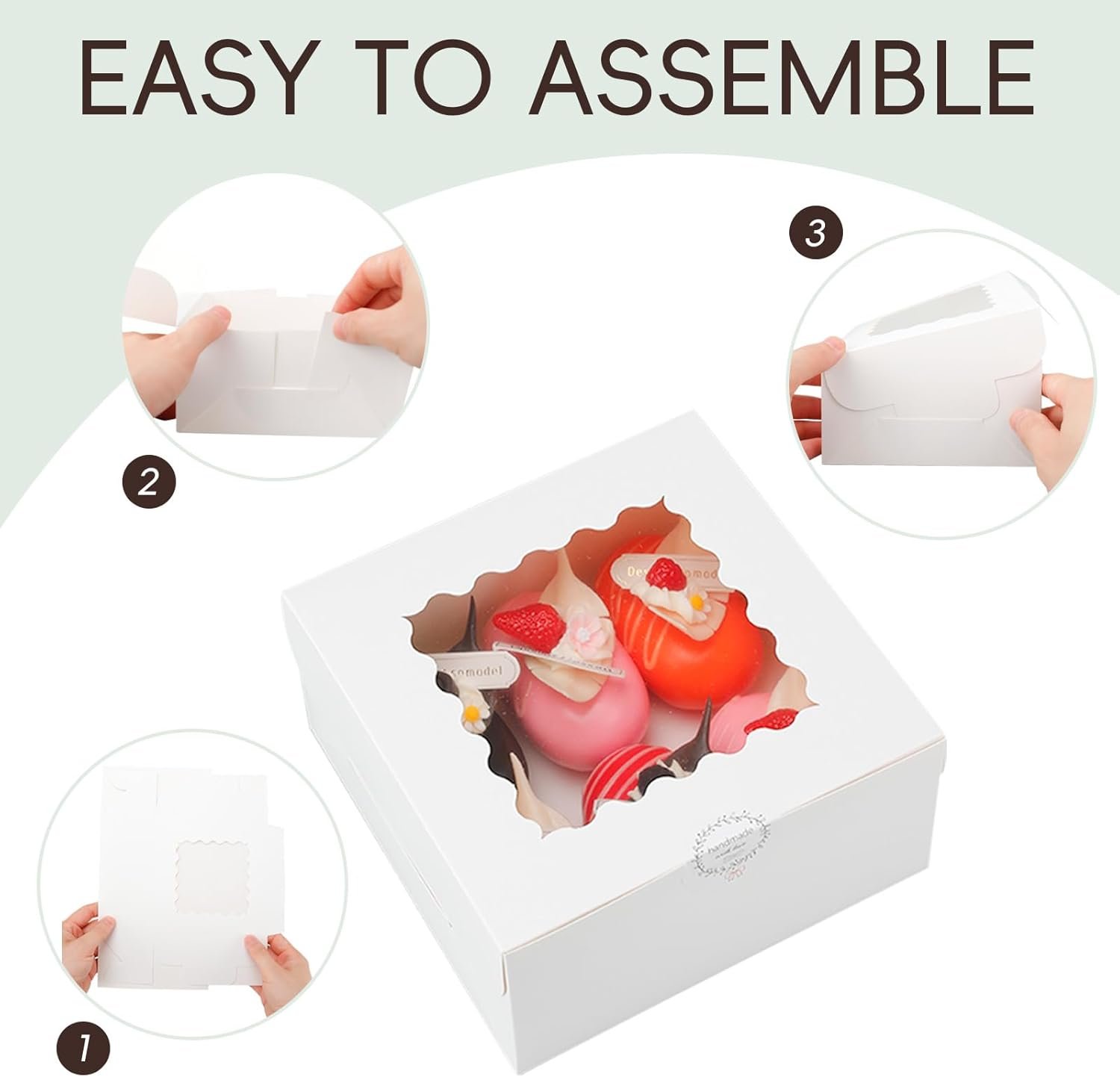 Großhandel 50 Stück 6x6x3 Zoll weiße Bäckereiboxen mit Fenster für den Valentinstag, Treat Boxes für Kekse, kleine Torten, Schokoladenüberzogene Erdbeeren, Cupcakes und Gebäck, individuell bedruckbar mit Ihrem Logo, vom Hersteller geliefert.