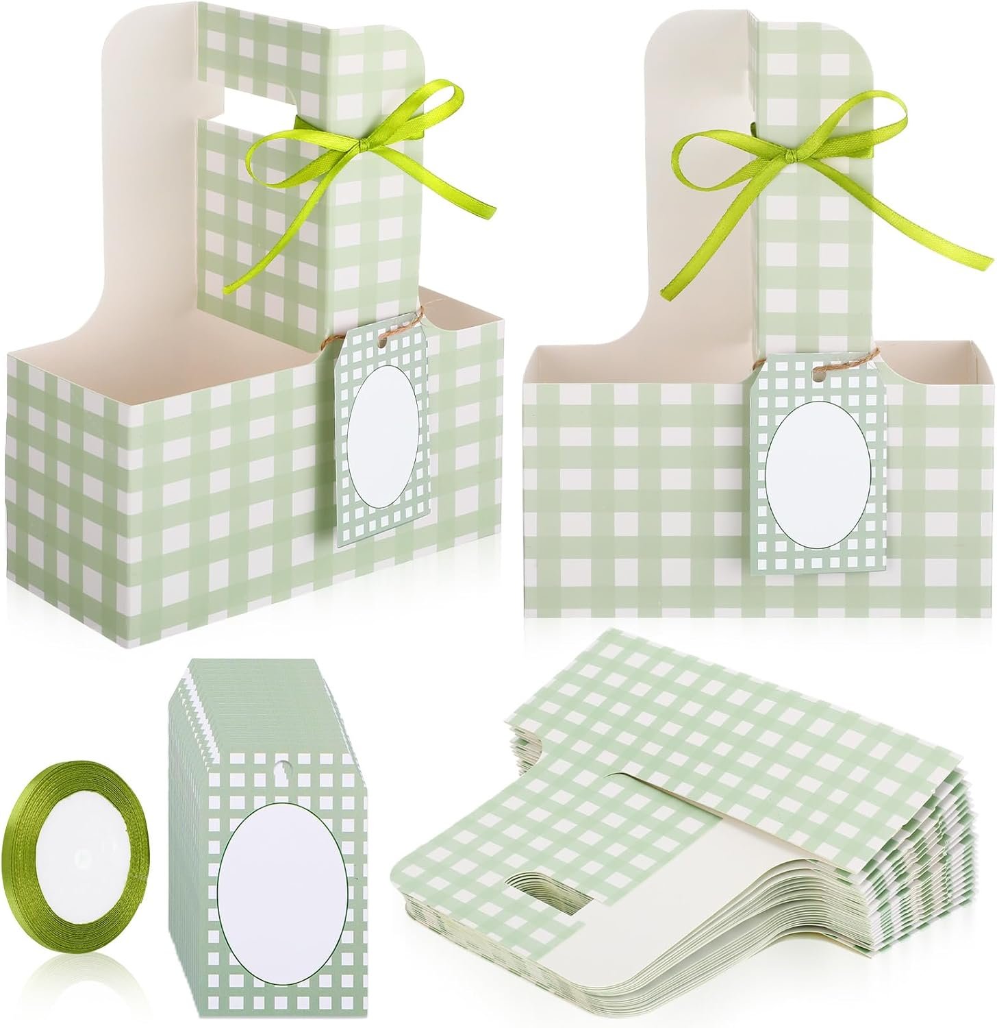 Großhandel 24 Sets 2 Becher Träger mit Griffen, Gingham Cup Halter für Getränke und Blumen, individuelles Logo für Hochzeiten und Geburtstagsfeiern (Grün), OEM Anbieter.