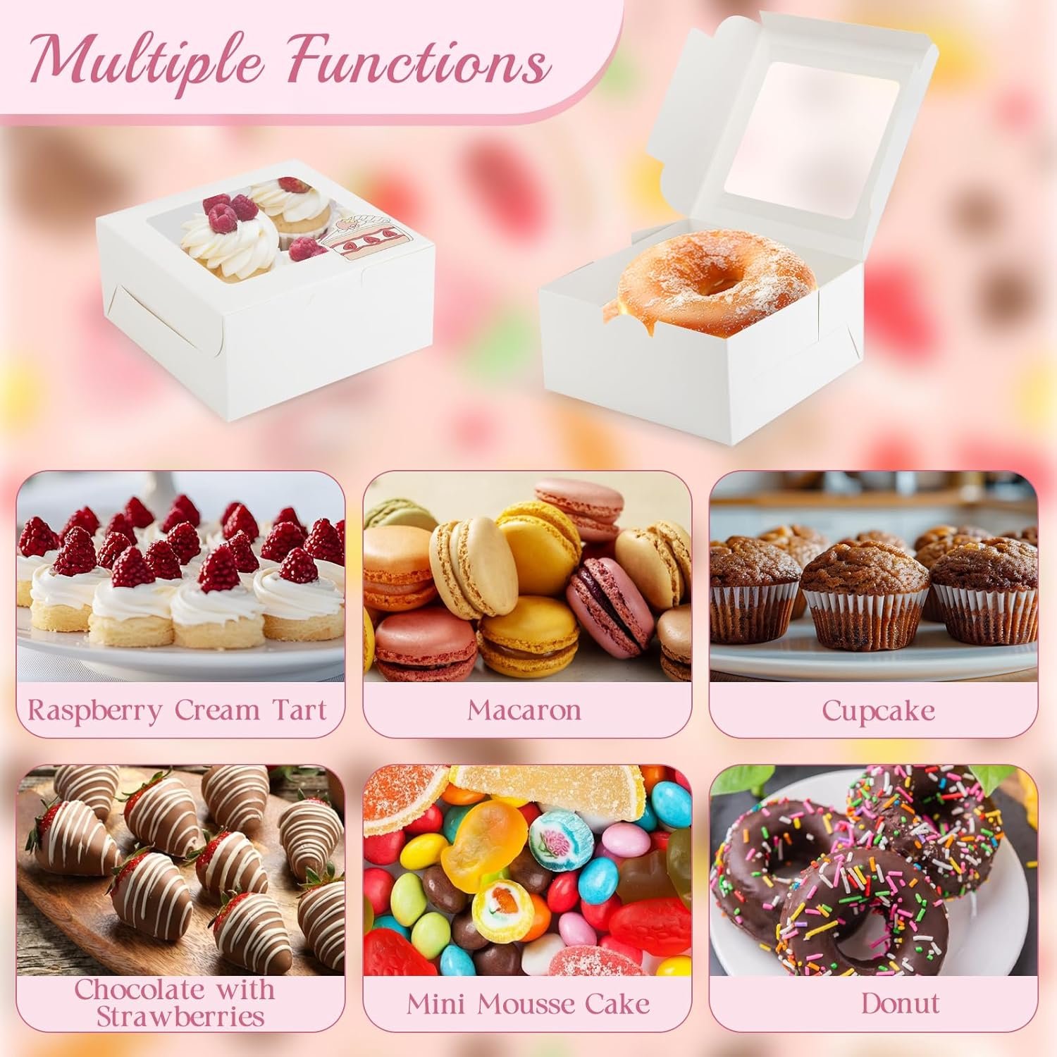 Großhandel 50er Packung Cupcake Boxen mit Fenster 6x6x3 Zoll, individuelle Logo-Optionen, kreative Backwaren Boxen für Desserts, Erdbeeren, Muffins, Geschenke, OEM und Großmenge verfügbar.