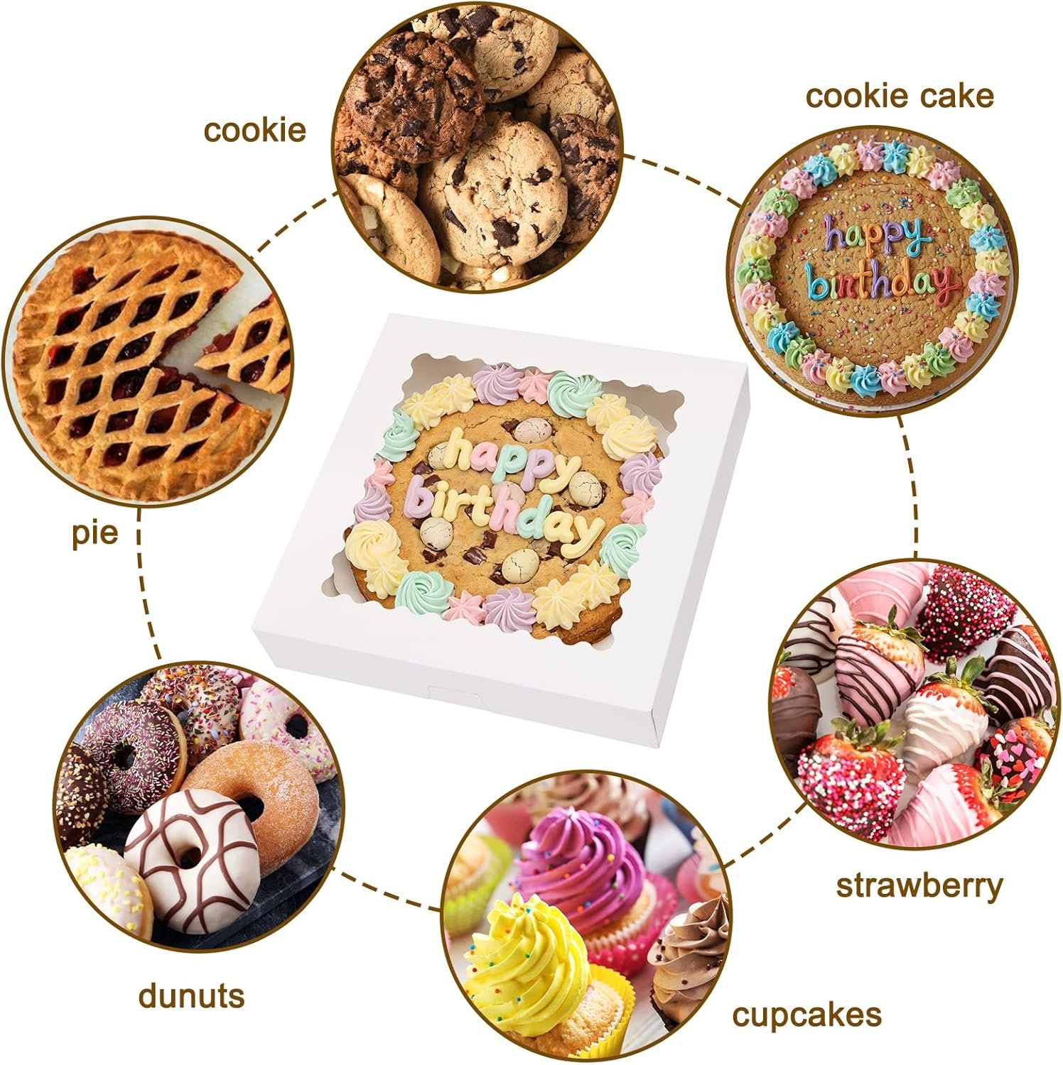 Großhandel 25 Stück Kuchenverpackungen, 12x12x2,5 cm weiße Bäckerkartons mit Fenster, individuelle Logo Auto-Popup Keksboxen für Kuchen, Desserts, Pizza, Erdbeeren, Schokolade, Gebäck, Muffins und Donuts OEM.