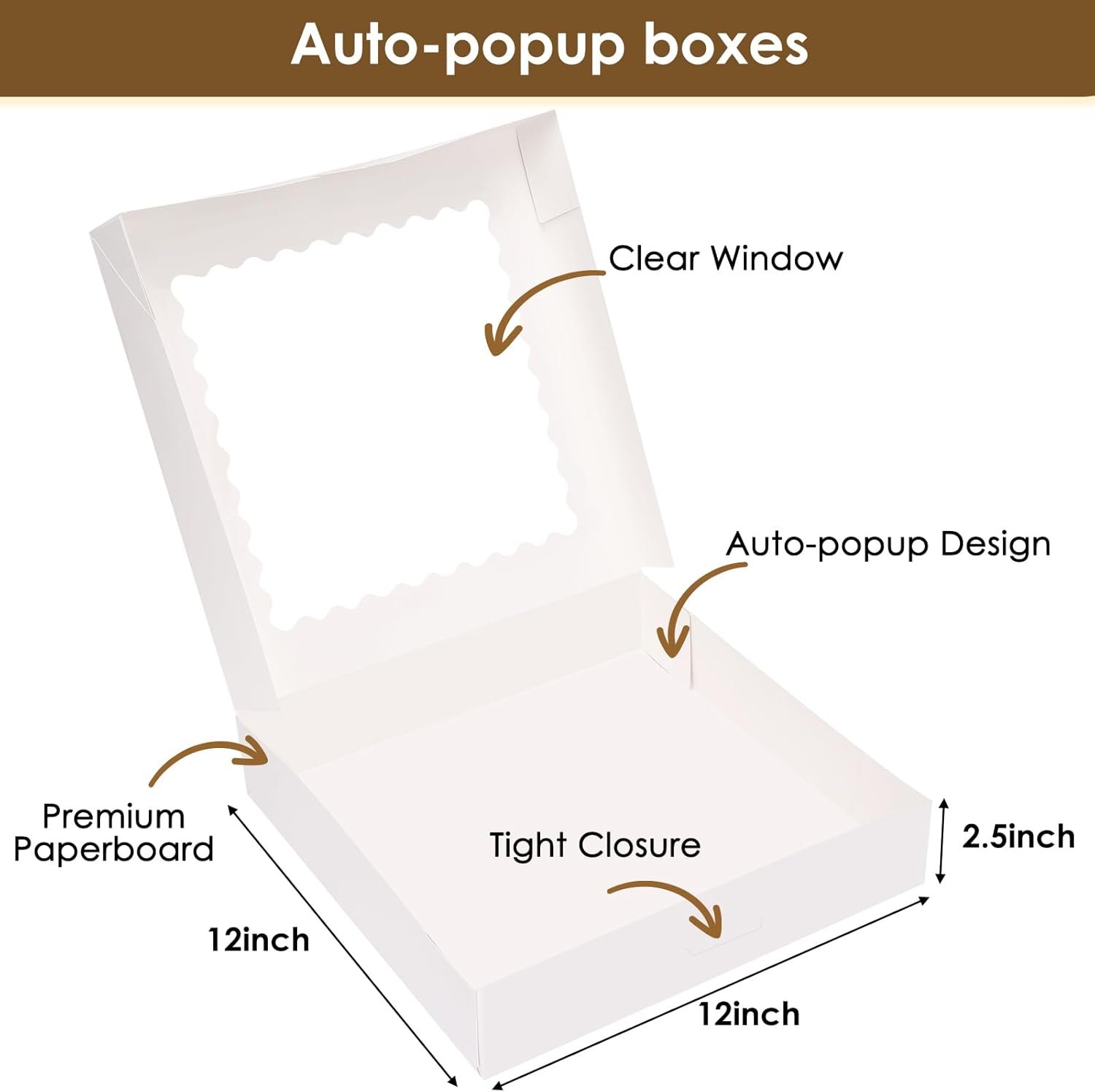 Großhandel 25 Stück Kuchenverpackungen, 12x12x2,5 cm weiße Bäckerkartons mit Fenster, individuelle Logo Auto-Popup Keksboxen für Kuchen, Desserts, Pizza, Erdbeeren, Schokolade, Gebäck, Muffins und Donuts OEM.