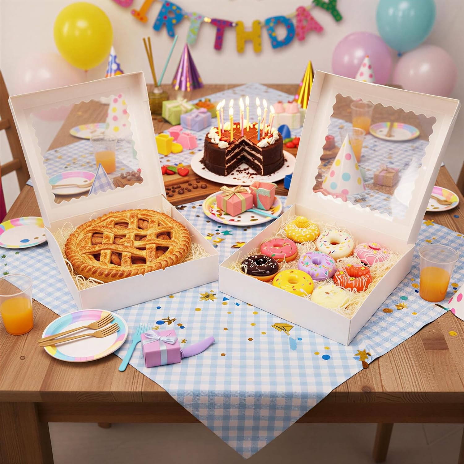 Großhandel 25 Stück Kuchenverpackungen, 12x12x2,5 cm weiße Bäckerkartons mit Fenster, individuelle Logo Auto-Popup Keksboxen für Kuchen, Desserts, Pizza, Erdbeeren, Schokolade, Gebäck, Muffins und Donuts OEM.