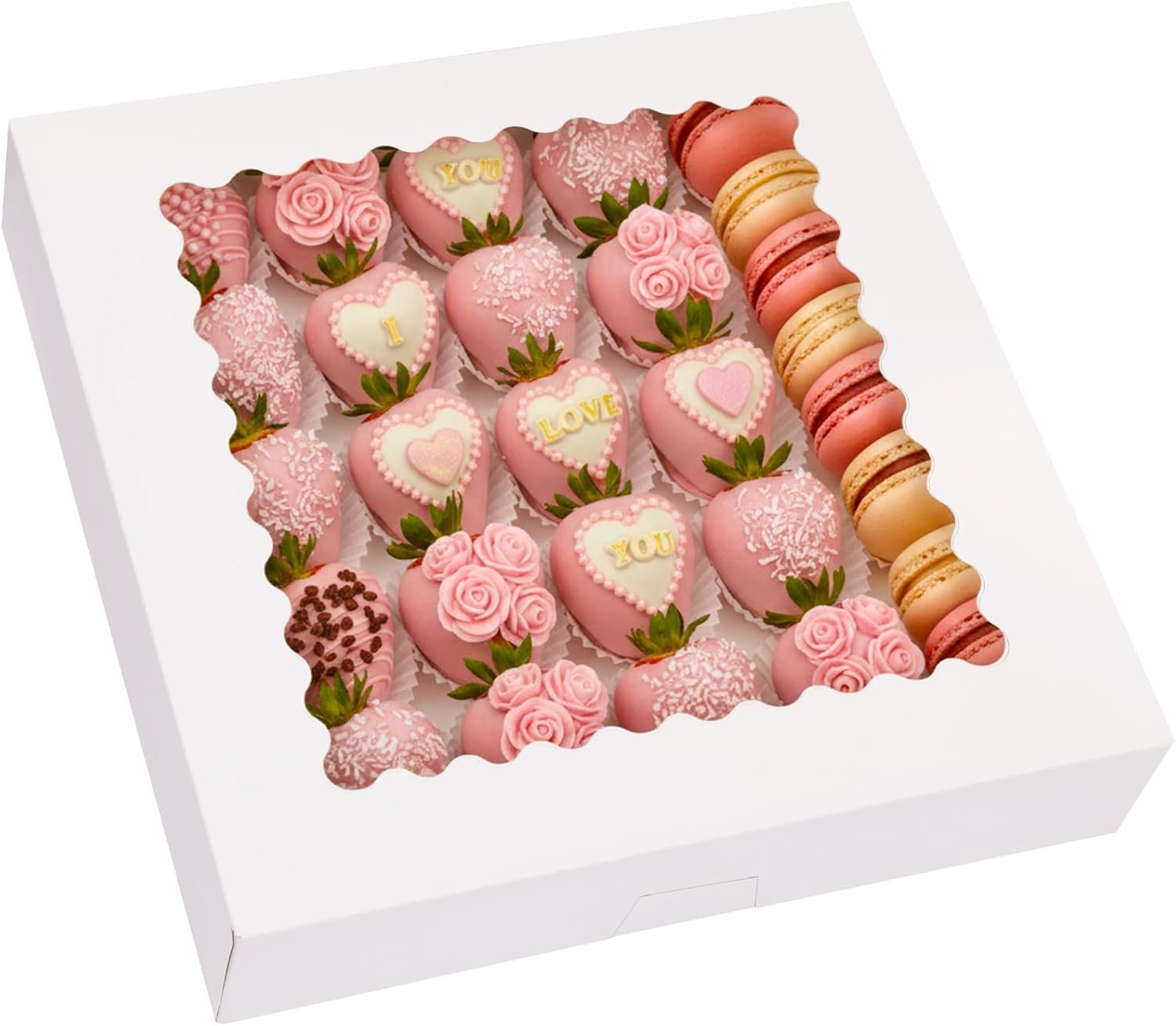 Großhandel 25 Stück Kuchenverpackungen, 12x12x2,5 cm weiße Bäckerkartons mit Fenster, individuelle Logo Auto-Popup Keksboxen für Kuchen, Desserts, Pizza, Erdbeeren, Schokolade, Gebäck, Muffins und Donuts OEM.