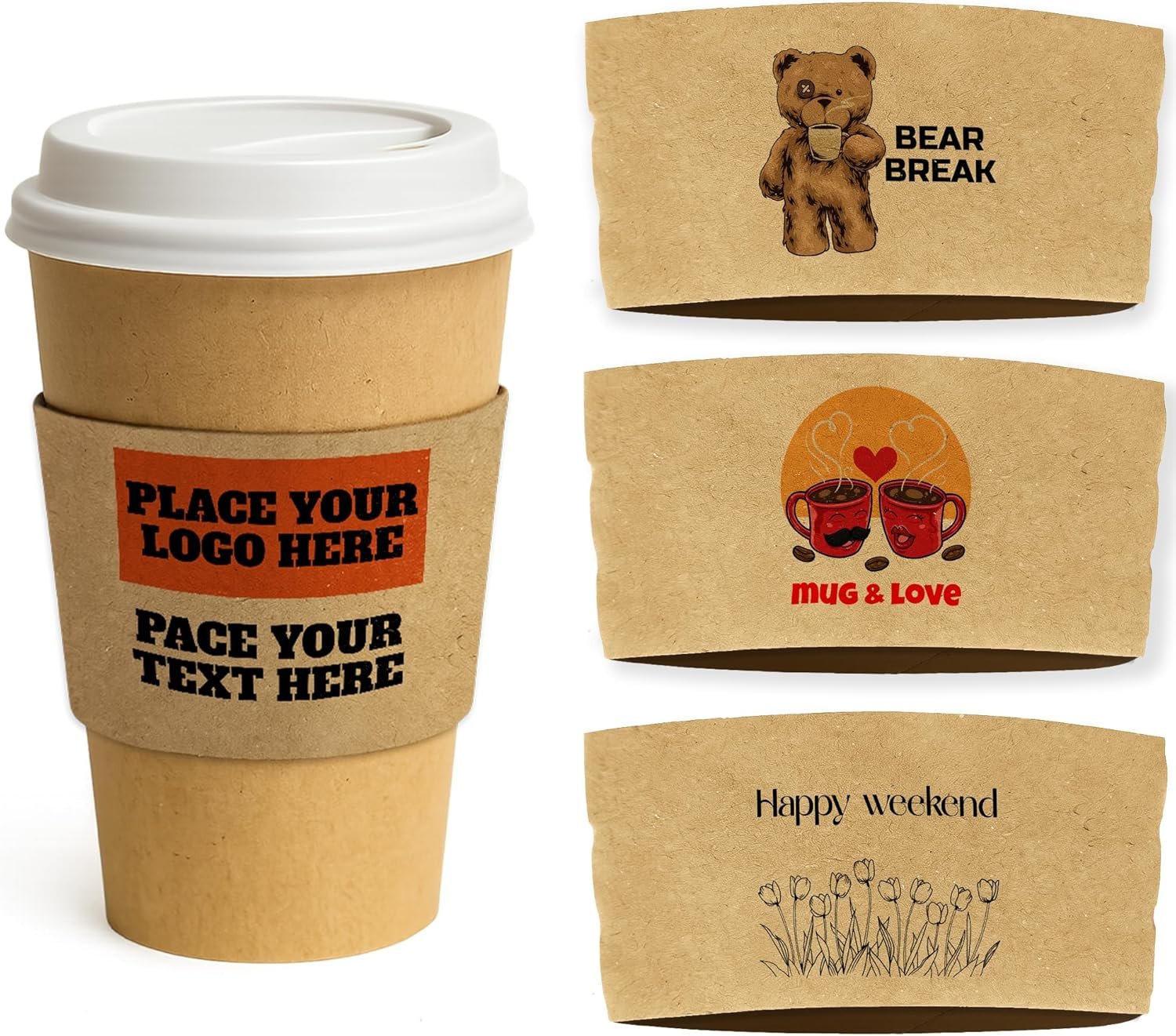 Großhandel individuelle Logo Becherumschläge - Personalisierte Sleeves für disposable Kaffeetassen mit Deckel - Packung von 25-100 - Hersteller für maßgeschneiderte Lösungen im Bulk