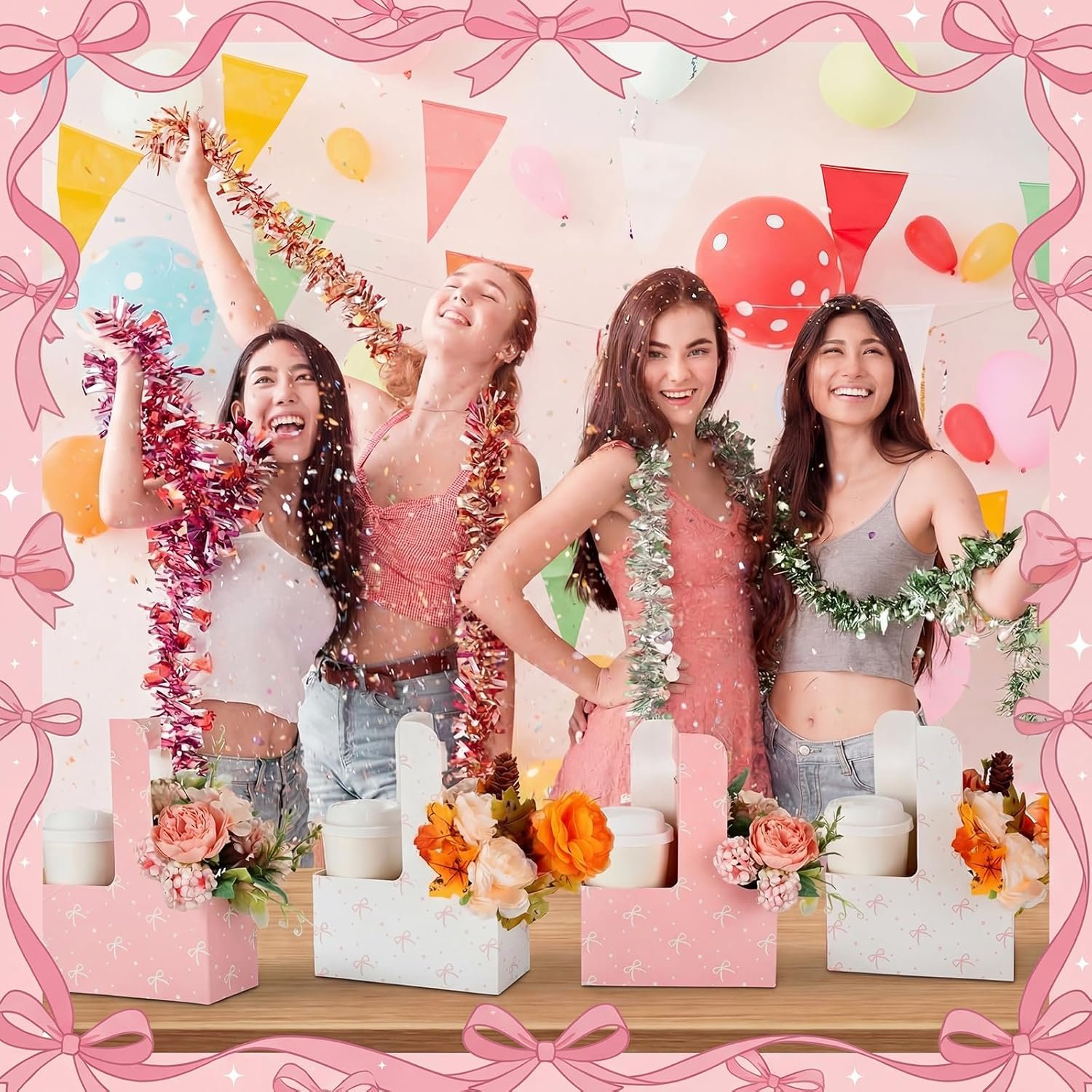 Großhandel 24 Stück pinke Bow-Dekorationspapiertüten und Karton-Geschenktüten, 2 Tassen Getränketräger mit Griff, tragbare Träger für Blumen- und Kaffeetassen, OEM, faltbare Becherhalter für Partybedarf