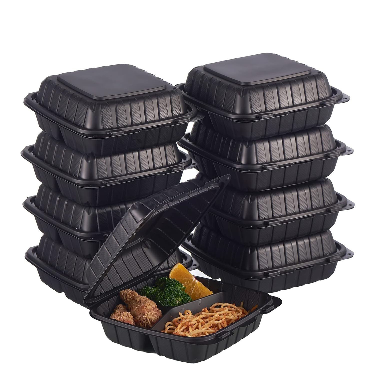 Großhandel 50er-Pack 8X8" Kunststoff-Clamshell-Boxen mit 3 Fächern für Pasta, Salat und Sandwich, schwere Ausführung, für Catering, OEM und individuell bedruckbare Verpackungen mit sicherem Schnappdeckel