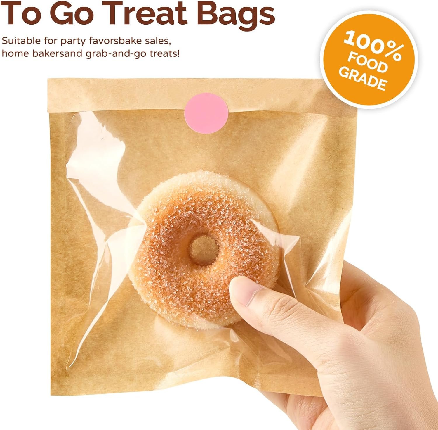 Cookie Verpackungsbeutel im Großhandel, 100 Stück 5,7x6,5 Zoll Papiertüten mit Fenster, individuell bedruckbar und ölabweisend für Backwaren wie Donuts, Scones, Brownies und Kuchenstücke, vom Hersteller.