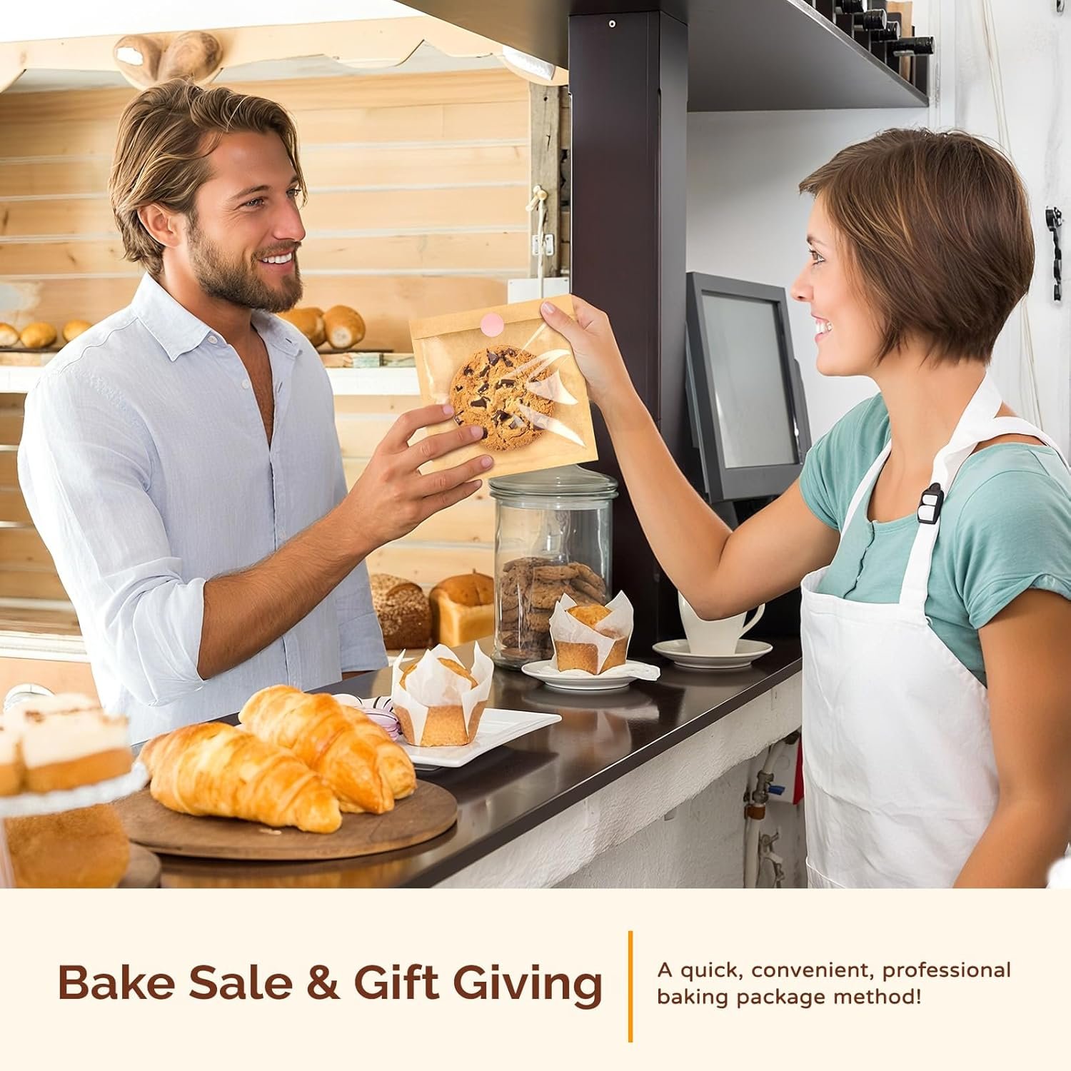 Cookie Verpackungsbeutel im Großhandel, 100 Stück 5,7x6,5 Zoll Papiertüten mit Fenster, individuell bedruckbar und ölabweisend für Backwaren wie Donuts, Scones, Brownies und Kuchenstücke, vom Hersteller.