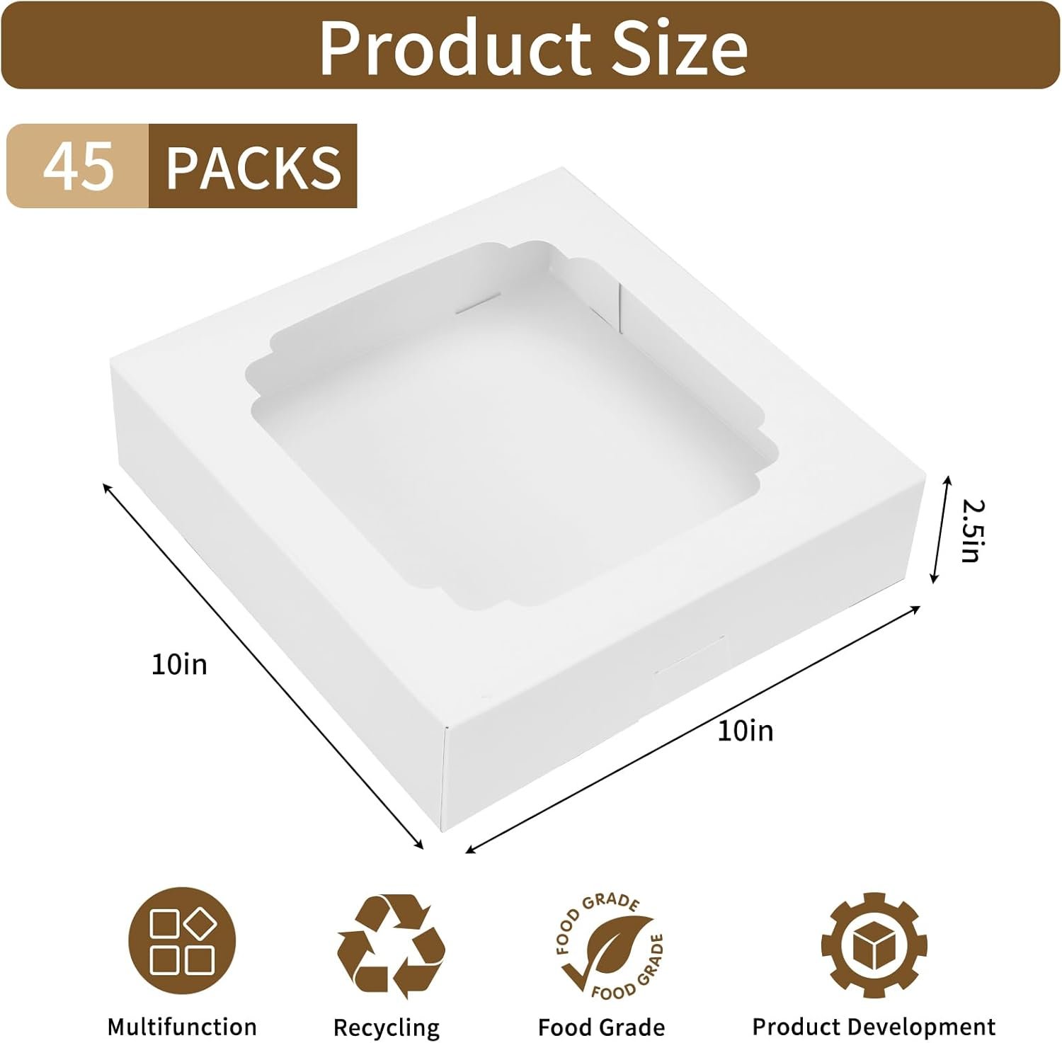 Großhandel 45 Stück Pie Boxen 10x10x2,5 Zoll weiße Bäckerei Boxen mit Fenster für Gebäck, Kuchen, Erdbeeren, Plätzchen, Torten, Gebäck, Muffins und Donuts, Individuelles Logo, Lieferant für Großmenge.