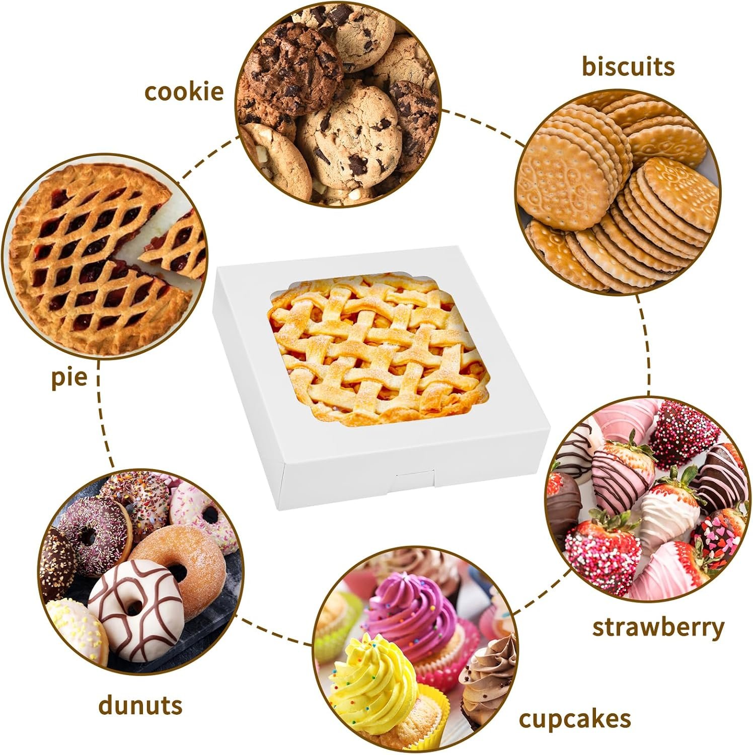 Großhandel 45 Stück Pie Boxen 10x10x2,5 Zoll weiße Bäckerei Boxen mit Fenster für Gebäck, Kuchen, Erdbeeren, Plätzchen, Torten, Gebäck, Muffins und Donuts, Individuelles Logo, Lieferant für Großmenge.