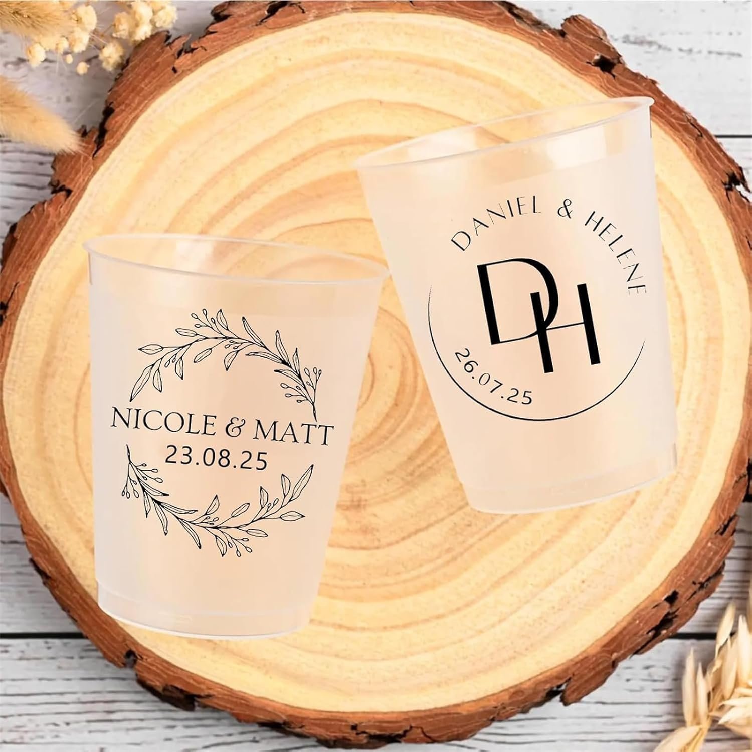 Großhandel 100 Stück individuelle Hochzeitsbecher, 12/16 oz wiederverwendbare, personalisierte Frosted Kunststoff Einwegbecher für Partys, hergestellt vom Hersteller, perfekt für Hochzeitsfeiern und Verlobungspartys (12 oz), OEM.