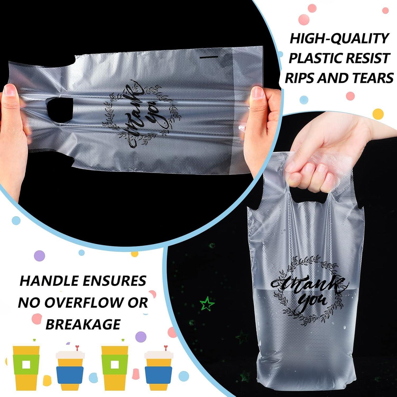 Großhandel 1000 Stück Träger für Getränke, klare Tragetaschen mit Henkel für Kaffee, Tee, Getränke, Saft (hält 1 Tasse), OEM, Hersteller, Bulk.