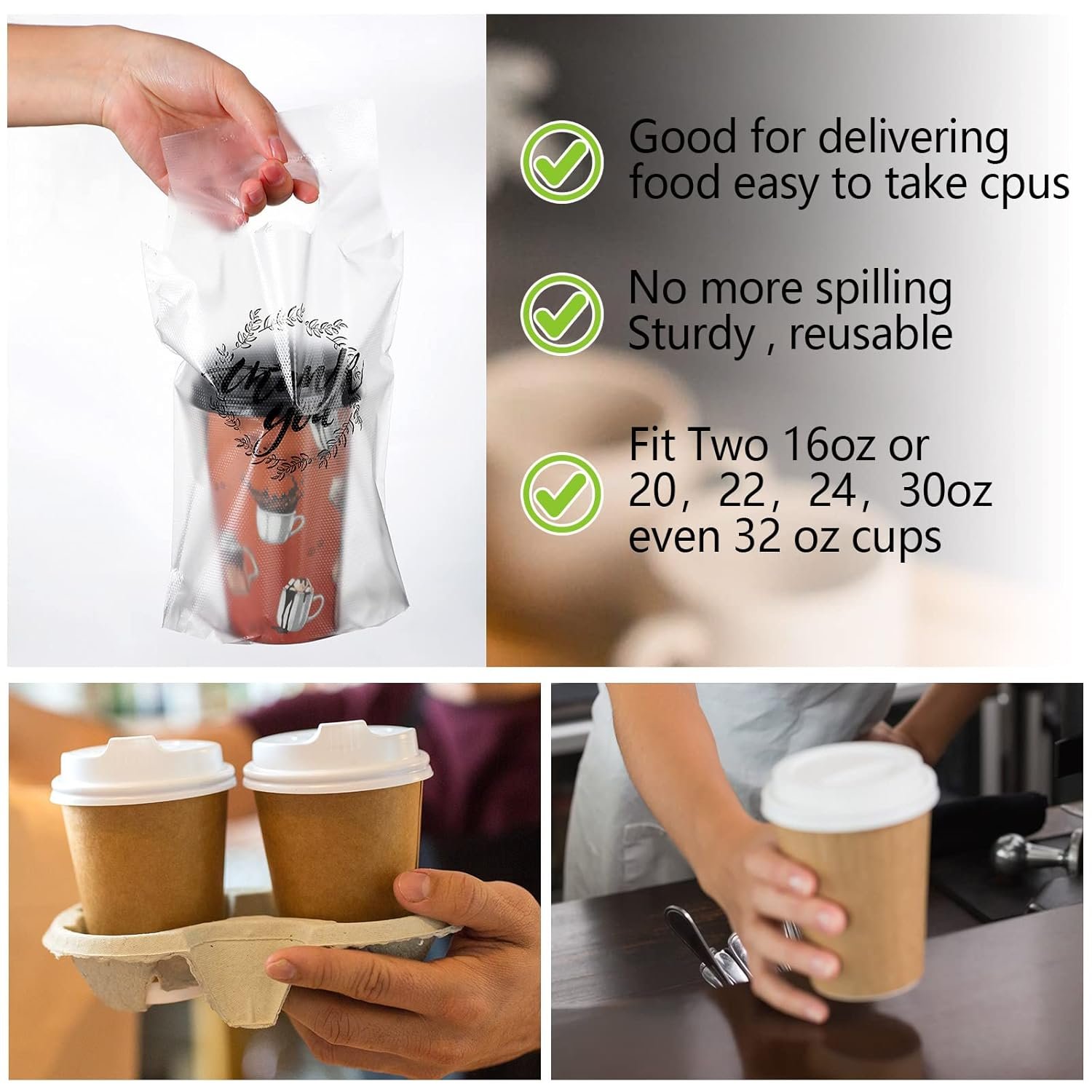 Großhandel 1000 Stück Träger für Getränke, klare Tragetaschen mit Henkel für Kaffee, Tee, Getränke, Saft (hält 1 Tasse), OEM, Hersteller, Bulk.