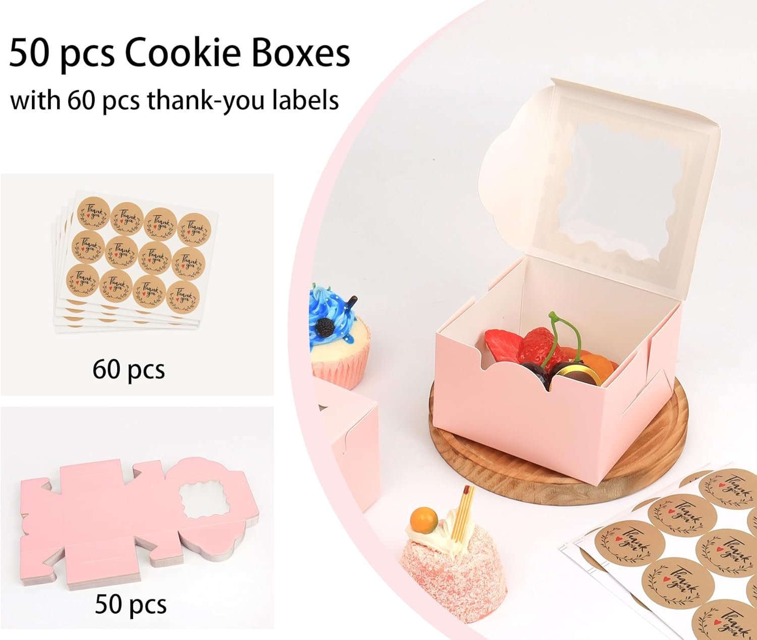 Großhandels 50 Stück 4x4x2,5 cm Rosa Verpackungsboxen für Backwaren, individuelle Logo Optionen vom Hersteller, ideal für Kekse, Gebäck, Erdbeeren und Macarons.