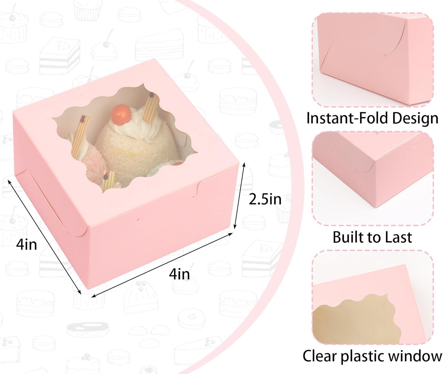 Großhandels 50 Stück 4x4x2,5 cm Rosa Verpackungsboxen für Backwaren, individuelle Logo Optionen vom Hersteller, ideal für Kekse, Gebäck, Erdbeeren und Macarons.