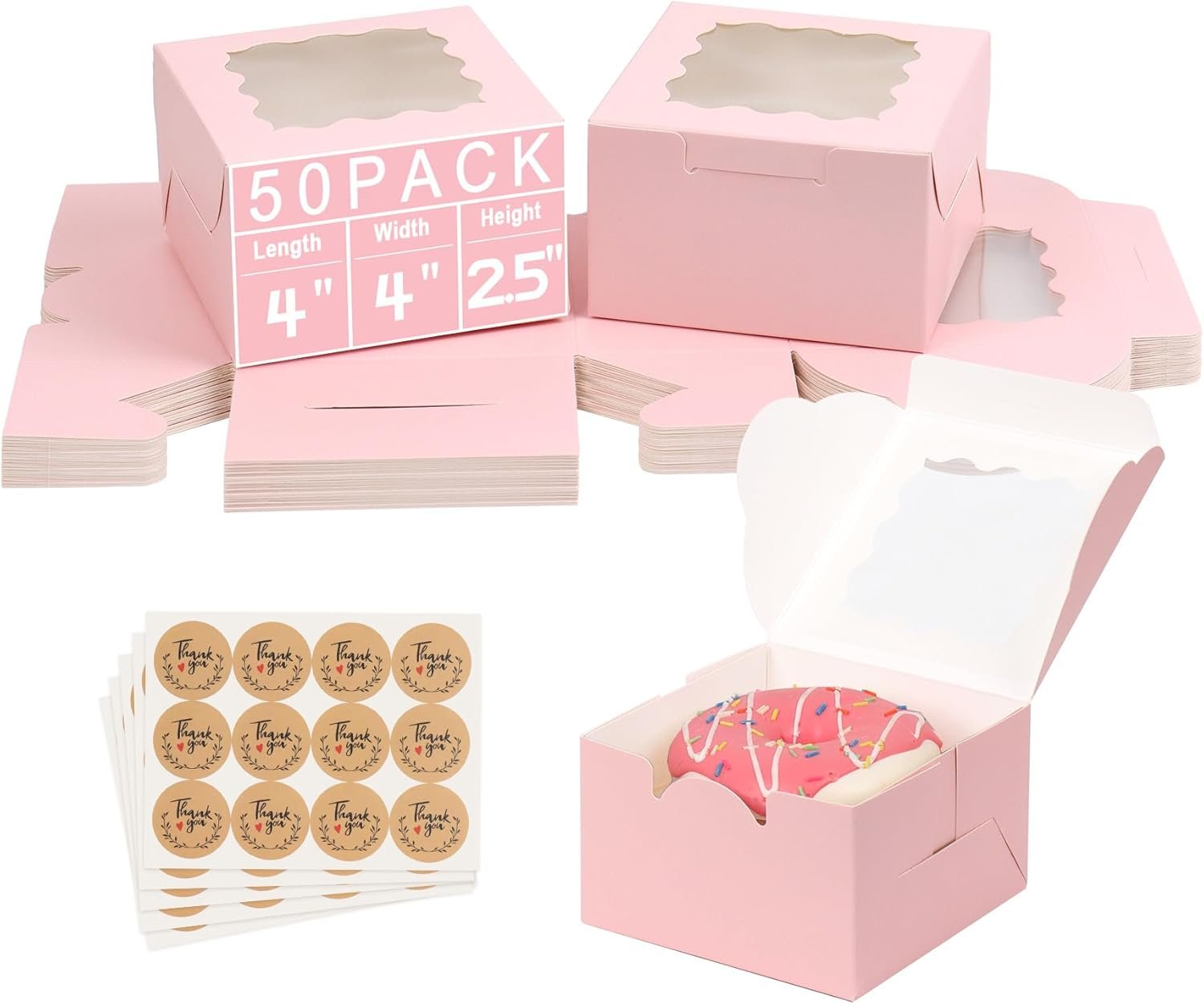 Großhandels 50 Stück 4x4x2,5 cm Rosa Verpackungsboxen für Backwaren, individuelle Logo Optionen vom Hersteller, ideal für Kekse, Gebäck, Erdbeeren und Macarons.