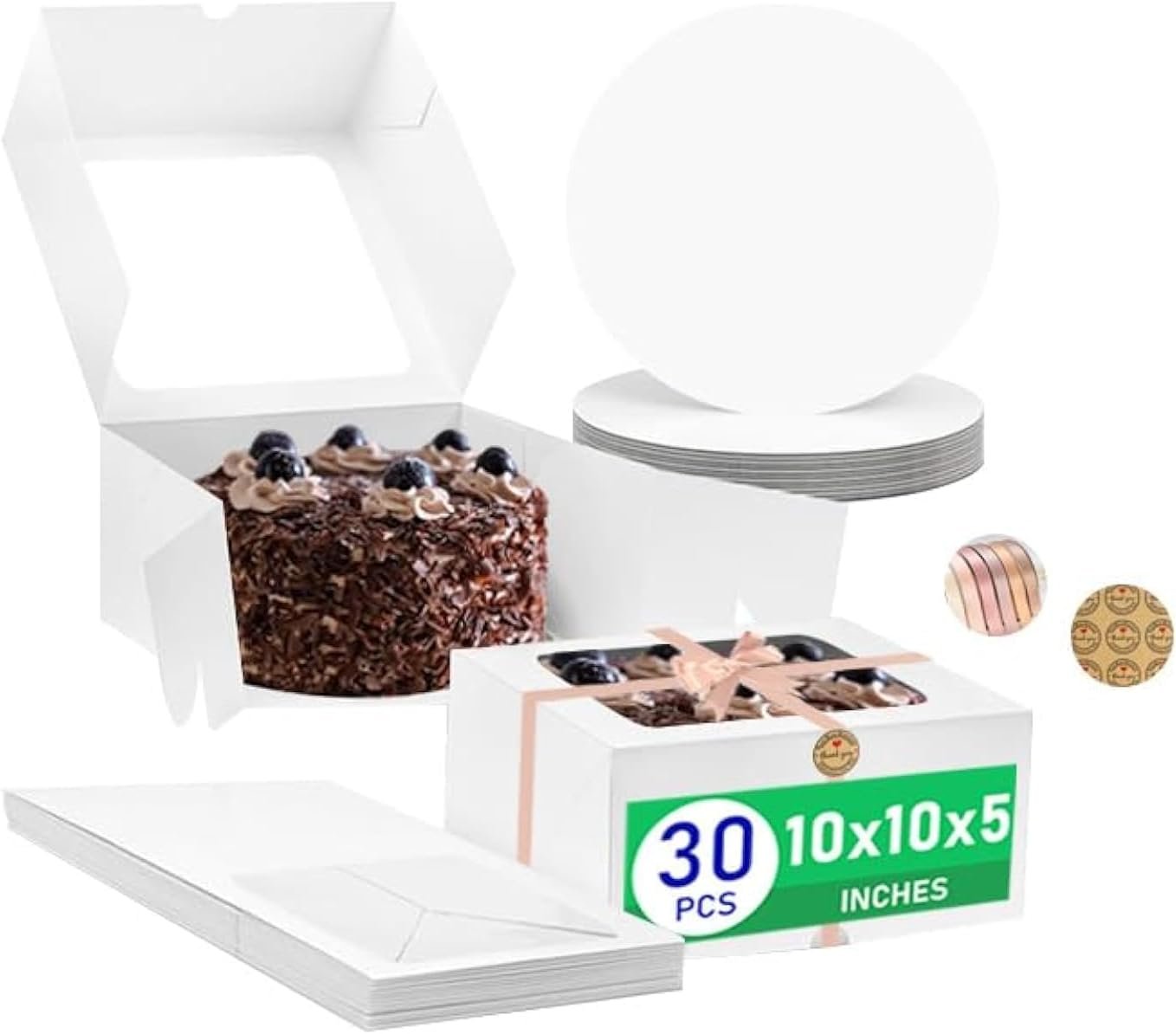 Großhandel 30 Stück weiße 10x10x5 Zoll Kuchenboxen, OEM Kuchenboxen Set mit 30 Stück Böden und klaren Fenstern für Kuchen, Dessert, Gebäck, Geburtstag, Party, Hochzeit, Hersteller von Backwaren.