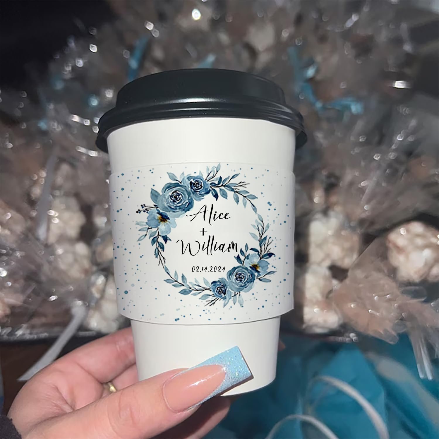 Großhandel individuelle Kaffeetassenhüllen mit eigenem Logo/Text, personalisierte Einwegbecherhüllen für Kaffeeliebhaber, Babyshower, Hochzeit und Party (weiße Kaffeefolie) vom Hersteller in Großmenge.