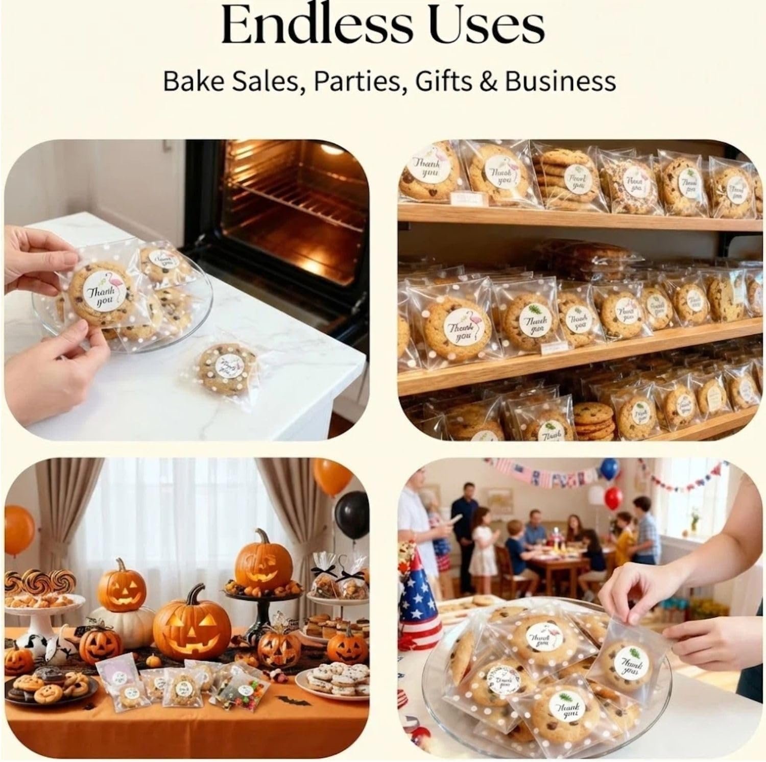 Großhandel 200PCS klare Cellophane Cookie Beutel 4x6 Zoll, selbstverschließend mit Thank You Aufklebern, für Eigenmarke, Party-Souvenirs, Geschenk an Feiertagen, Lebensmittelsicher. Hersteller für Bulk-Verpackung.