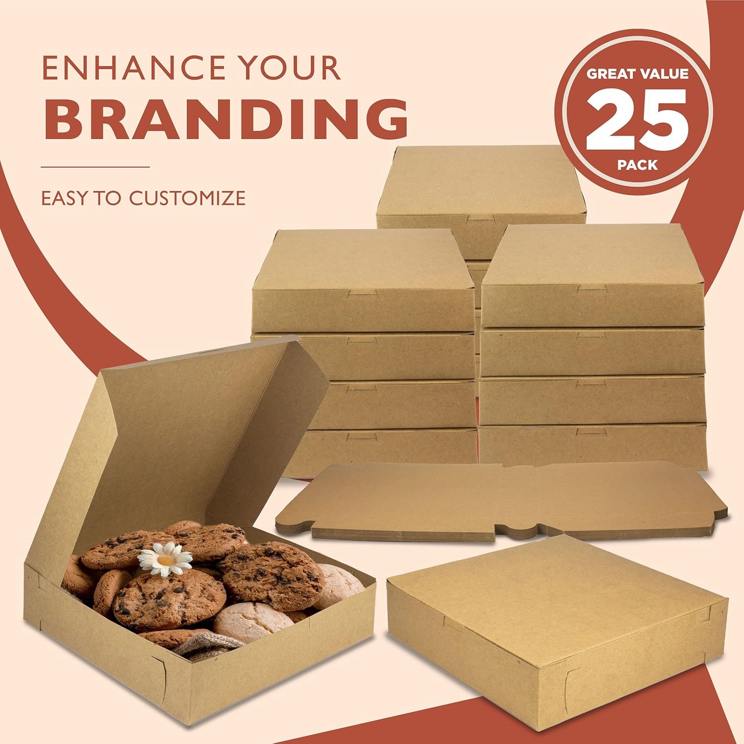 Großhandel 25er Pack Kraftquadratische Backboxen 10x10x2,5 für Cookies, Cheesecake, mit individuellem Logo bedruckte Pappboxen für Desserts, OEM Kartons für Schokoladenüberzogene Erdbeeren und süße Leckereien