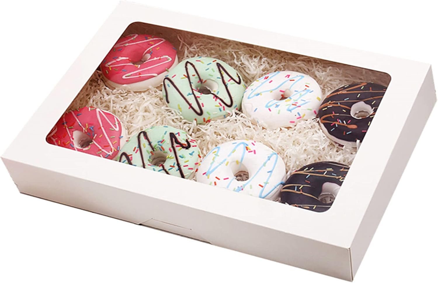 Großhandel 14" x 10" x 2.5" weiße Backwarenboxen mit Fenster, Auto-Popup Verpackung für Cookies, Donuts, Muffins und Erdbeeren - Individuelles Logo, OEM [Packung mit 15]
