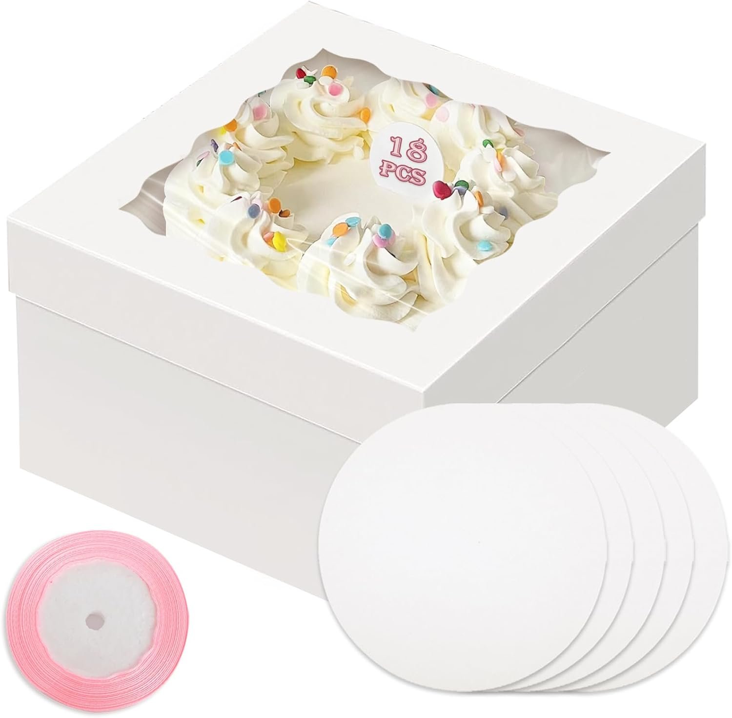 Großhandel 18 Sets Kuchenboxen mit Fenster und 10x10x8 cm, 10" runde Tortenböden, individuelle Logo und 10 Meter pinke Seidenschnur als OEM Lieferung