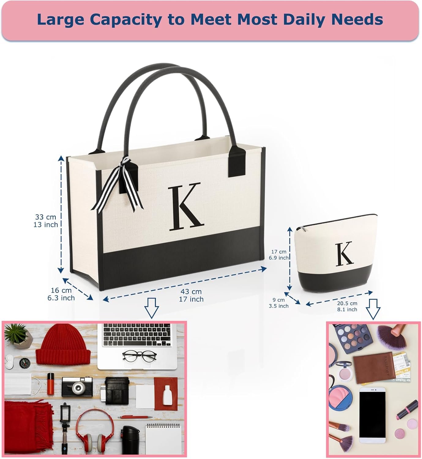 Großhandel Monogrammierte Canvas Tasche mit Reißverschlusstaschen - Individuelles Logo für Mama, Lehrerin, Schwester als ideales Geschenk vom Hersteller in Bulk.