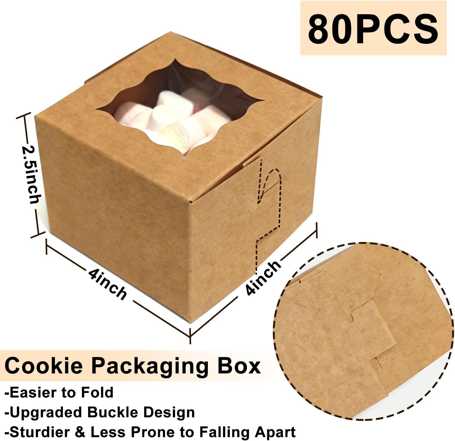 Großhandel 80er-Pack 4x4x2,5 Zoll Keksboxen mit Fenster, individuelle Logo-Optionen, Kraft-Bäckerei-Boxen für Cupcakes und Desserts, umweltfreundliche Geschenkverpackungen für Backwaren, Hersteller für Großmenge (Braun, 20 Stück leicht zu sichern)