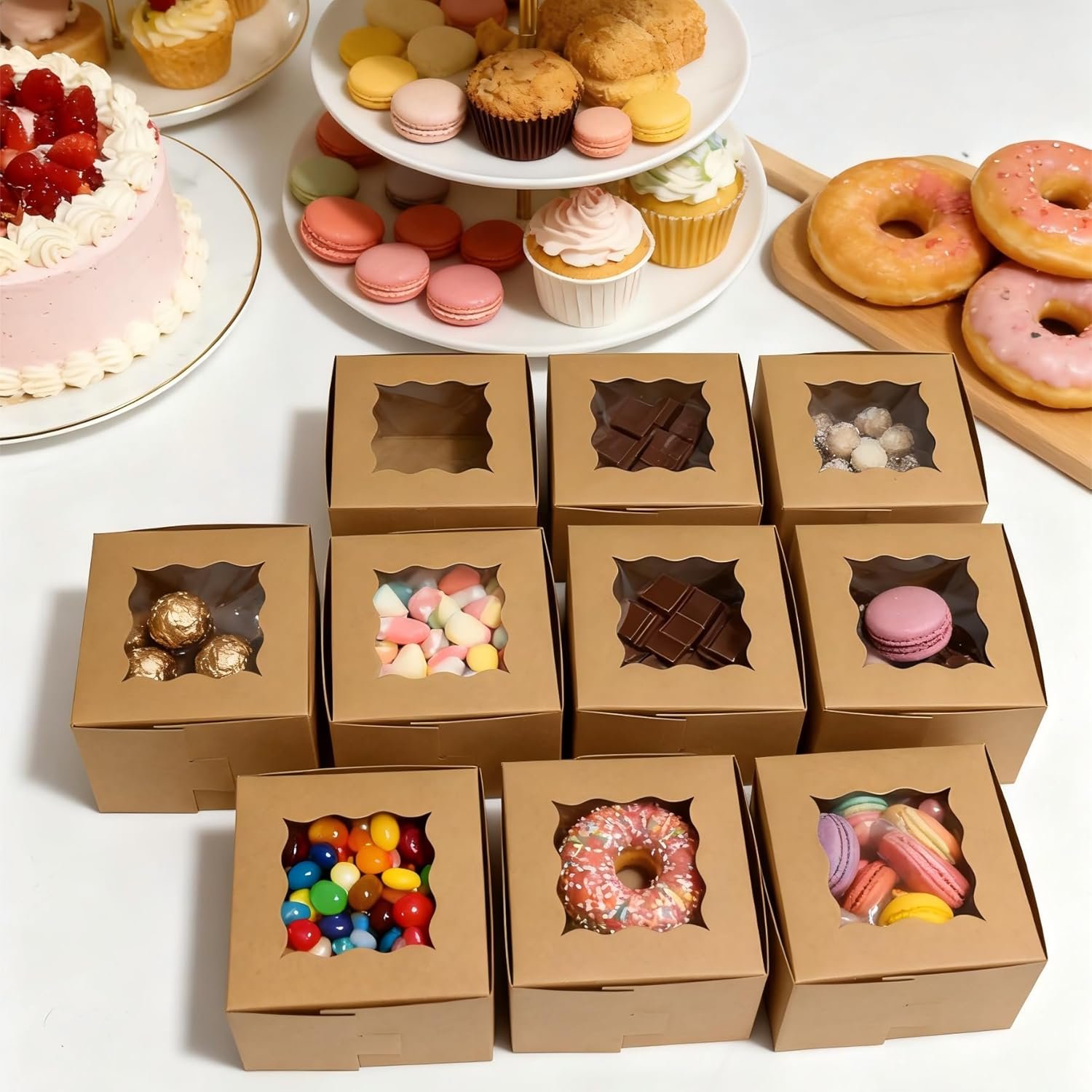 Großhandel 80er-Pack 4x4x2,5 Zoll Keksboxen mit Fenster, individuelle Logo-Optionen, Kraft-Bäckerei-Boxen für Cupcakes und Desserts, umweltfreundliche Geschenkverpackungen für Backwaren, Hersteller für Großmenge (Braun, 20 Stück leicht zu sichern)