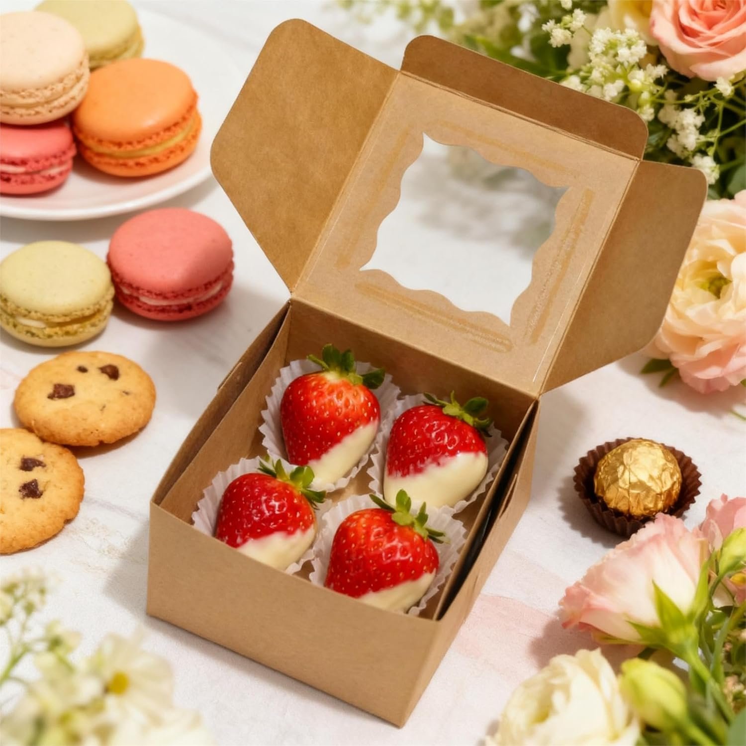 Großhandel 80er-Pack 4x4x2,5 Zoll Keksboxen mit Fenster, individuelle Logo-Optionen, Kraft-Bäckerei-Boxen für Cupcakes und Desserts, umweltfreundliche Geschenkverpackungen für Backwaren, Hersteller für Großmenge (Braun, 20 Stück leicht zu sichern)