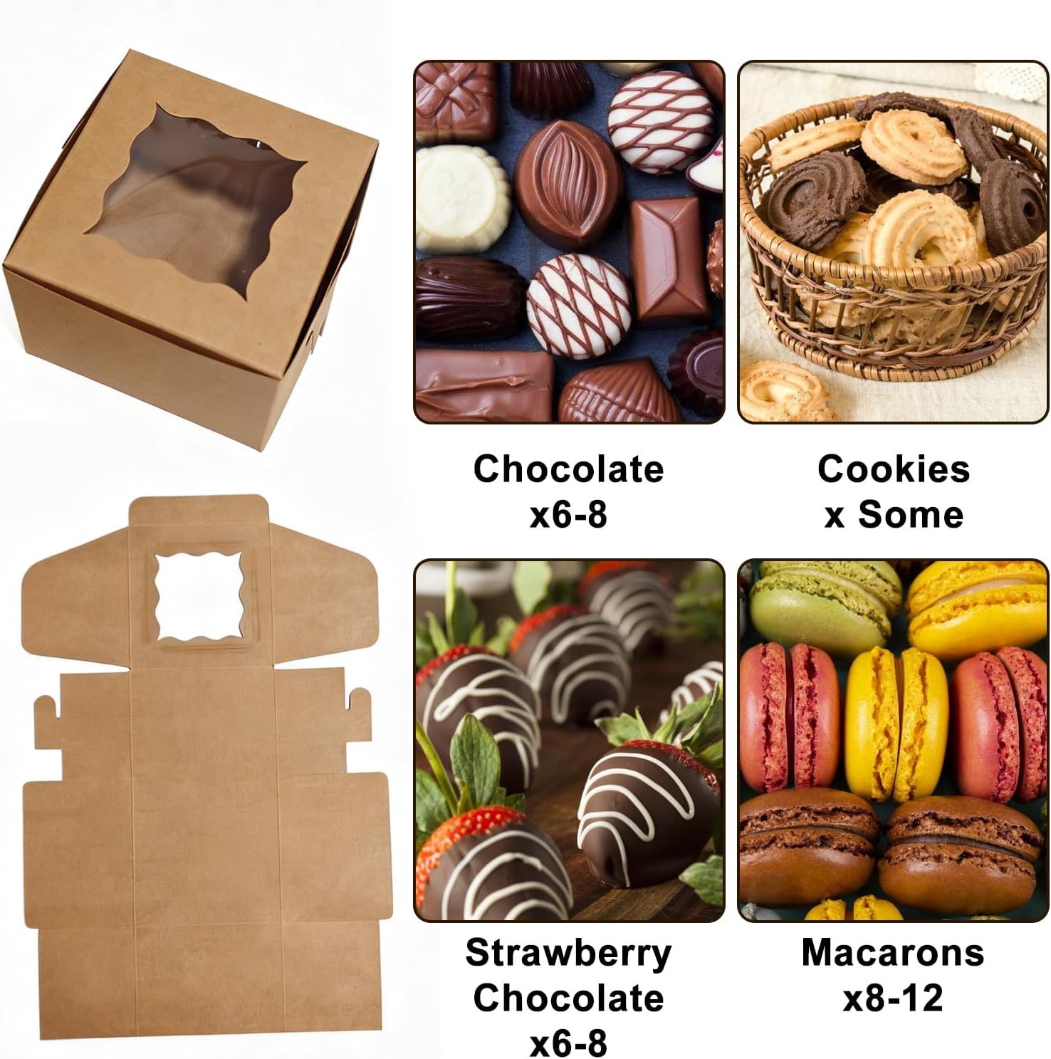 Großhandel 80er-Pack 4x4x2,5 Zoll Keksboxen mit Fenster, individuelle Logo-Optionen, Kraft-Bäckerei-Boxen für Cupcakes und Desserts, umweltfreundliche Geschenkverpackungen für Backwaren, Hersteller für Großmenge (Braun, 20 Stück leicht zu sichern)