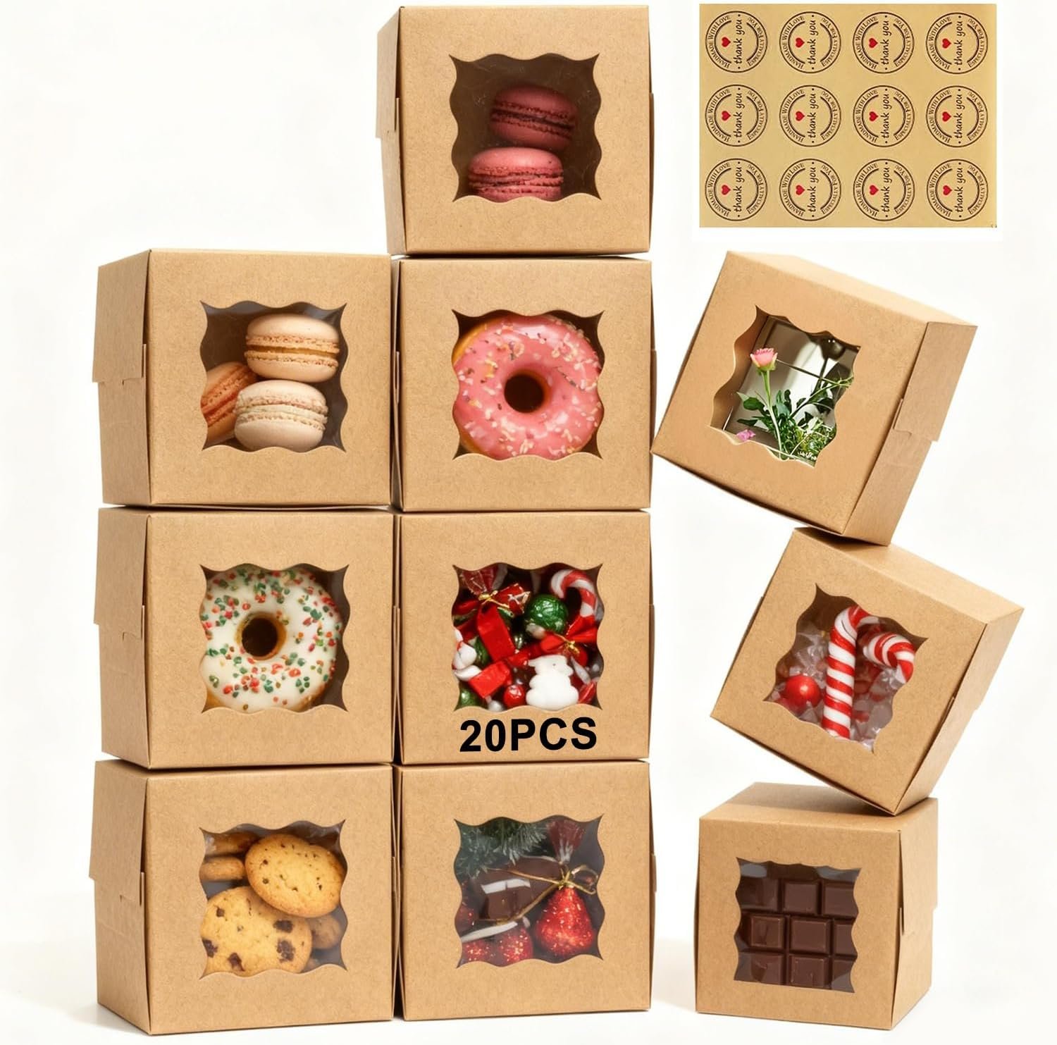 Großhandel 80er-Pack 4x4x2,5 Zoll Keksboxen mit Fenster, individuelle Logo-Optionen, Kraft-Bäckerei-Boxen für Cupcakes und Desserts, umweltfreundliche Geschenkverpackungen für Backwaren, Hersteller für Großmenge (Braun, 20 Stück leicht zu sichern)