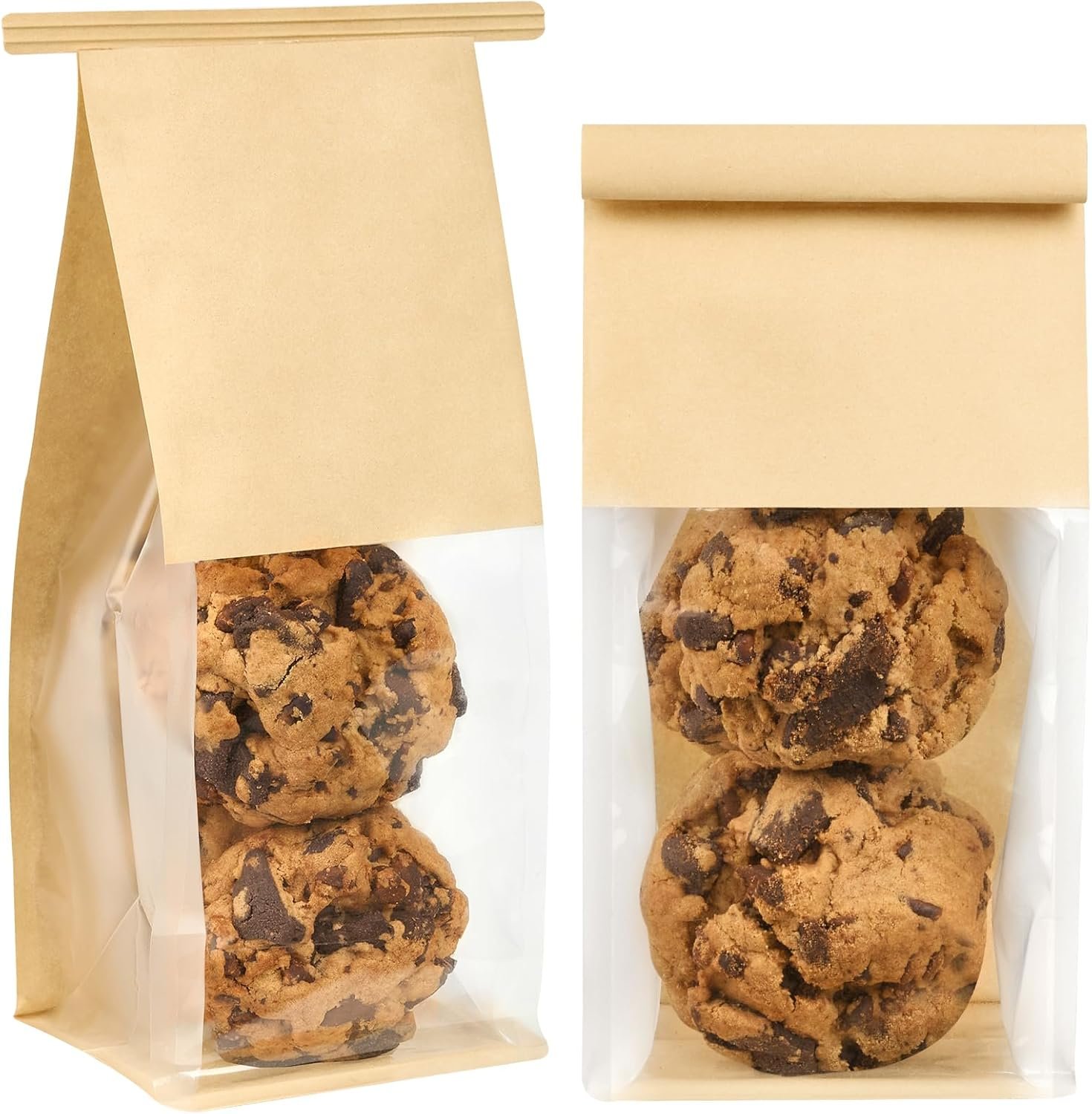 Großhandel 50er Packung kleine Kuchenbeutel mit Fenster, 3,9x3,5x9,5 Zoll, wiederverwendbare Papiergebäckbeutel für selbstgemachtes Granola, Popcorn, Süßigkeiten, individuelles Logo, OEM.