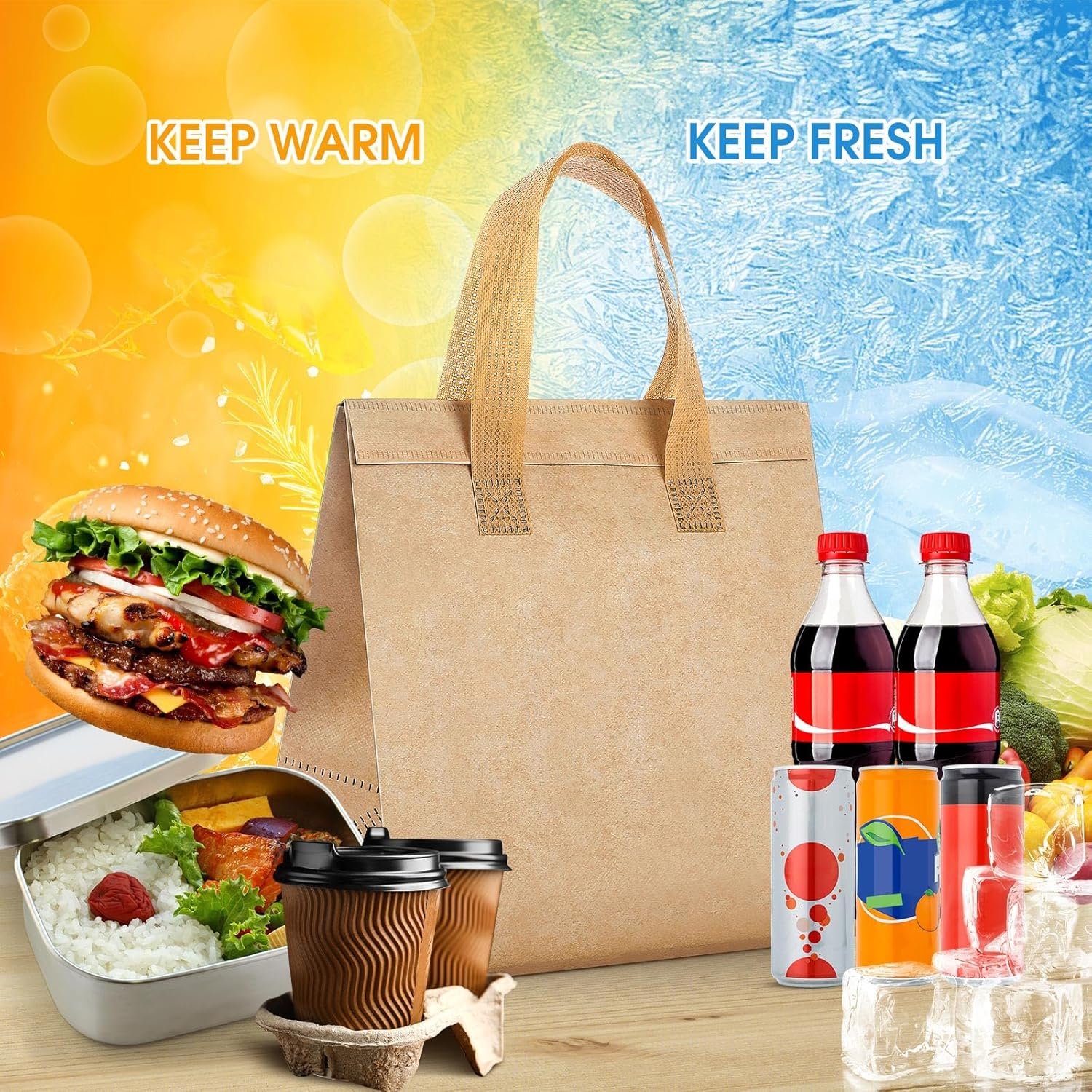 Großhandel 50 Stück isolierte Take Away Taschen für heiße und kalte Lebensmittel, ideal für Catering und Restaurants, 9,5