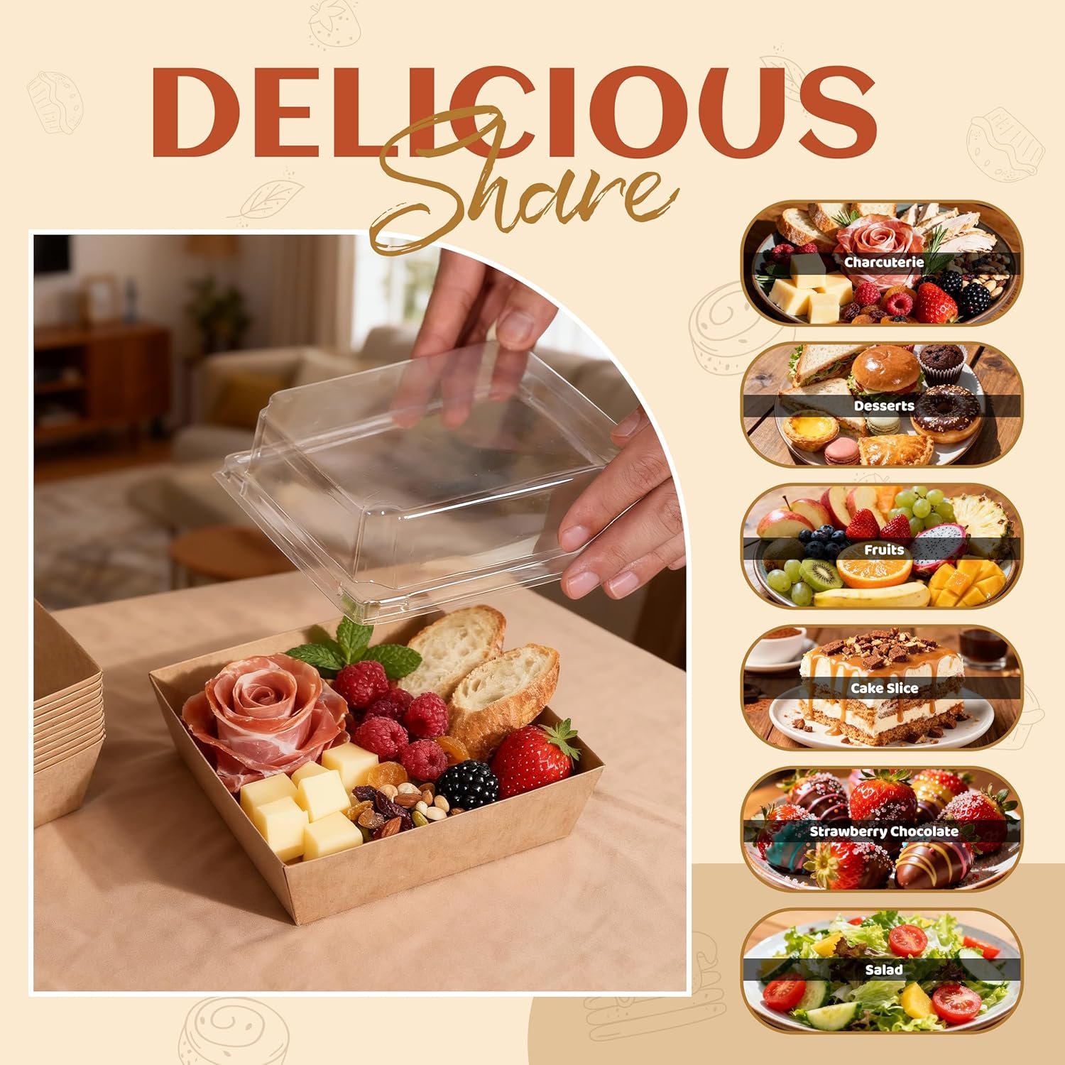 Großhandel Einweg-Charcuterie-Boxen 5,3x4,9x2,5 Zoll mit klarem Deckel, ölfreie Lebensmittelverpackungen für kalte und Raumtemperaturlebensmittel, Hersteller von Verpackungen für Gebäck und Takeout (50 Stück, Braun), individuelles Logo