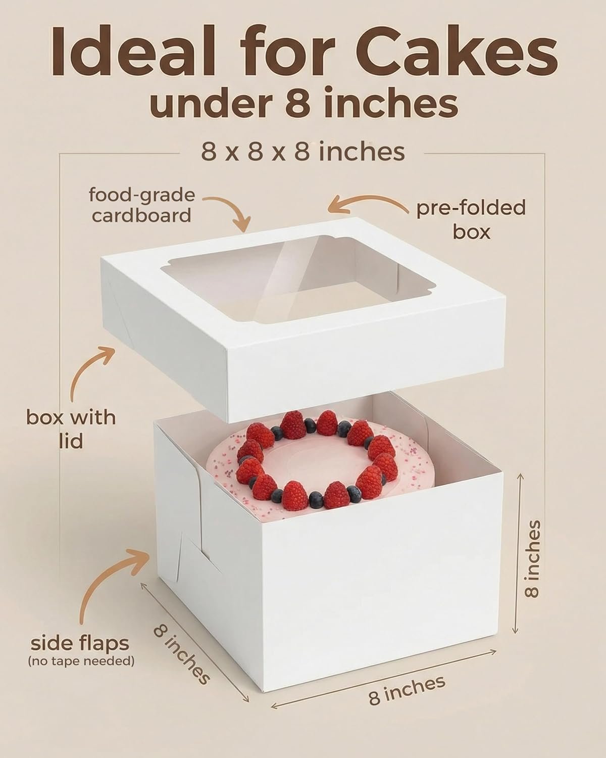 Großhandel 20 Stück Kuchenboxen 8 Zoll, weiße 8x8x8 Boxen für Kuchen, Tartes und Süßigkeiten, individuelle Logo Gestaltung, ideal für Hochzeiten, Geburtstage, Valentinstag, Weihnachten, hergestellt von einem hochwertigen Hersteller.