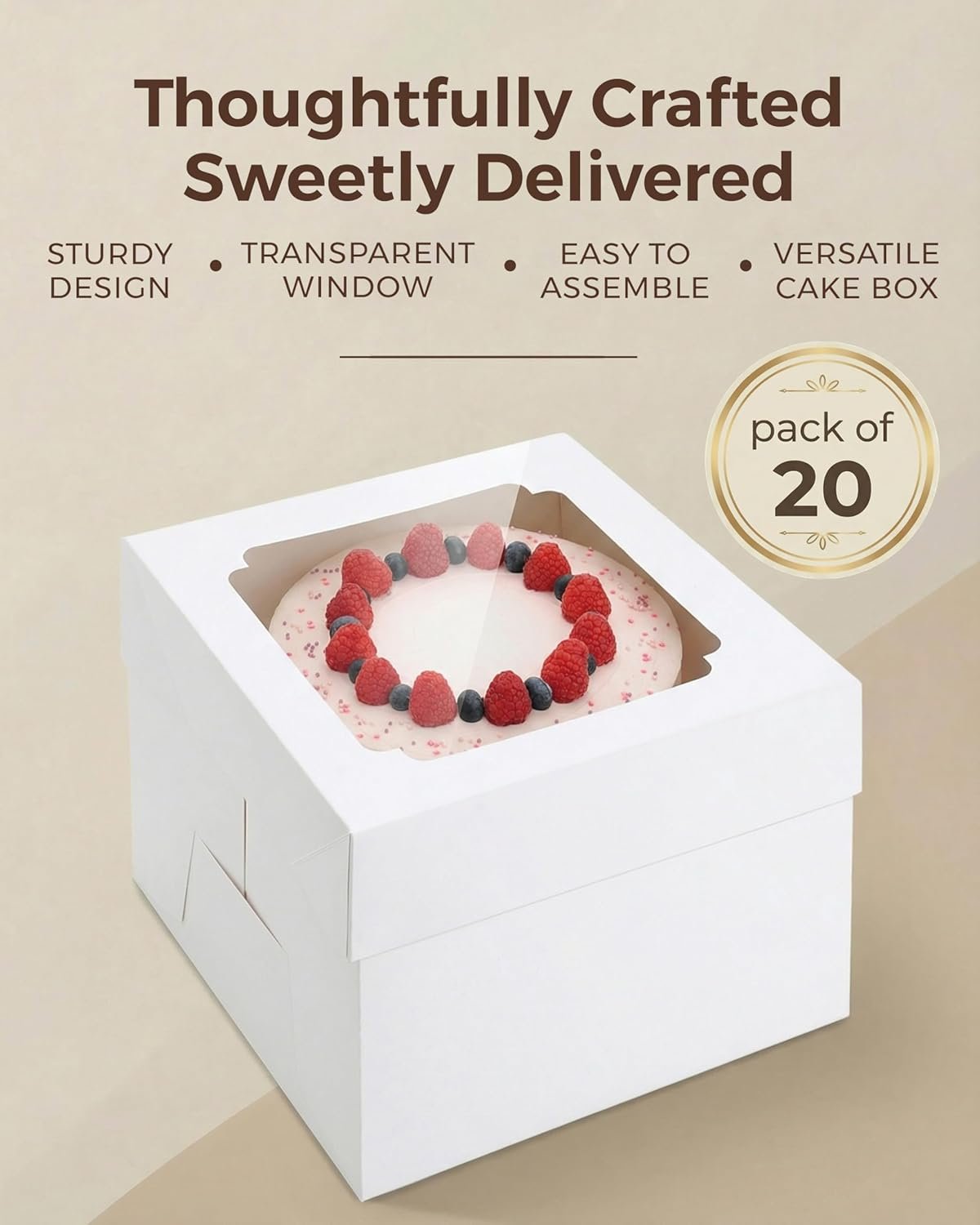 Großhandel 20 Stück Kuchenboxen 8 Zoll, weiße 8x8x8 Boxen für Kuchen, Tartes und Süßigkeiten, individuelle Logo Gestaltung, ideal für Hochzeiten, Geburtstage, Valentinstag, Weihnachten, hergestellt von einem hochwertigen Hersteller.