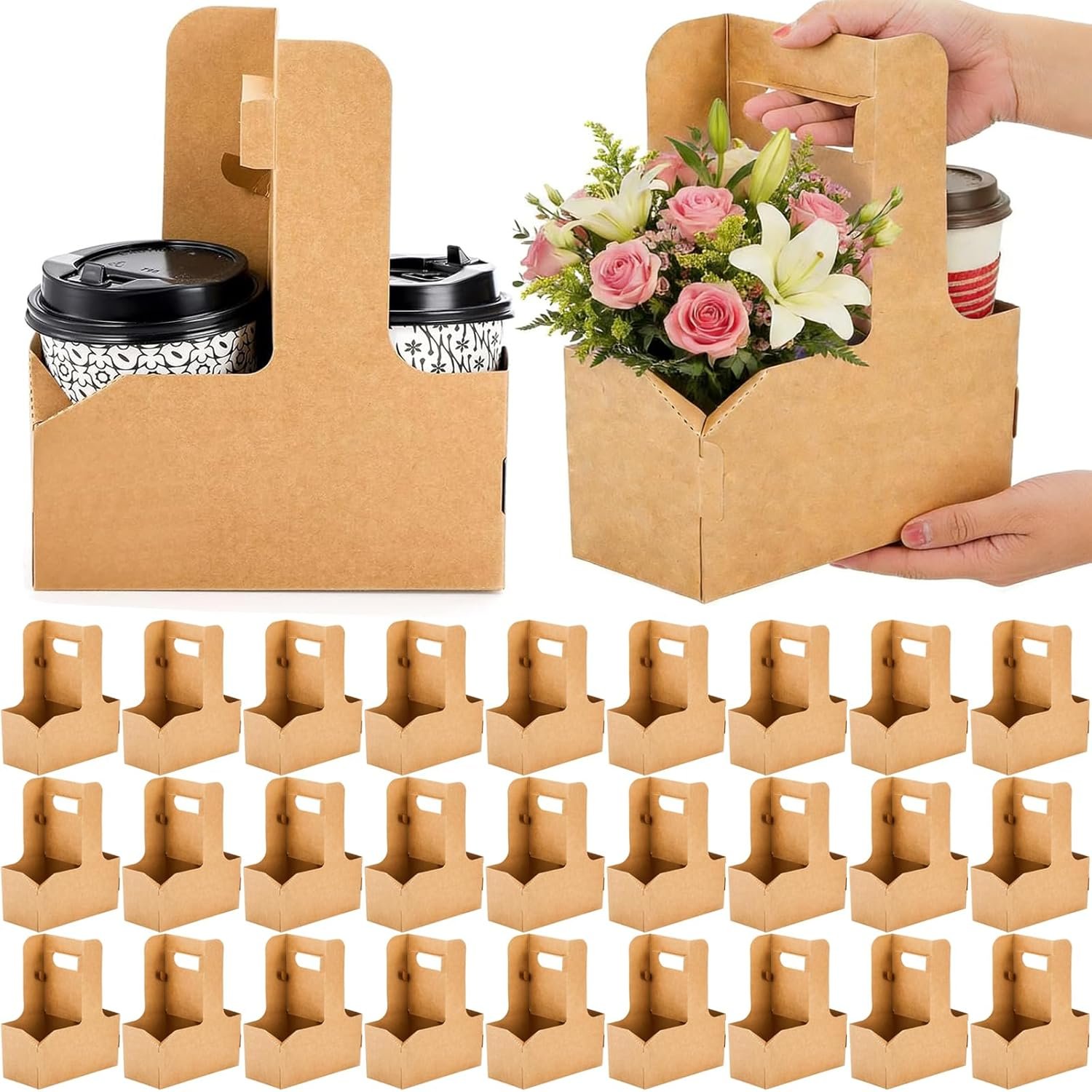 Großhandel 50er Packung 2-Tassen-Träger mit Griff aus Kraftpapier für Getränke, OEM Getränkebecherträger, ideal für Lieferung von Kaffee und Getränken, in Großmenge erhältlich, perfekt für Valentinstag-Dekor.
