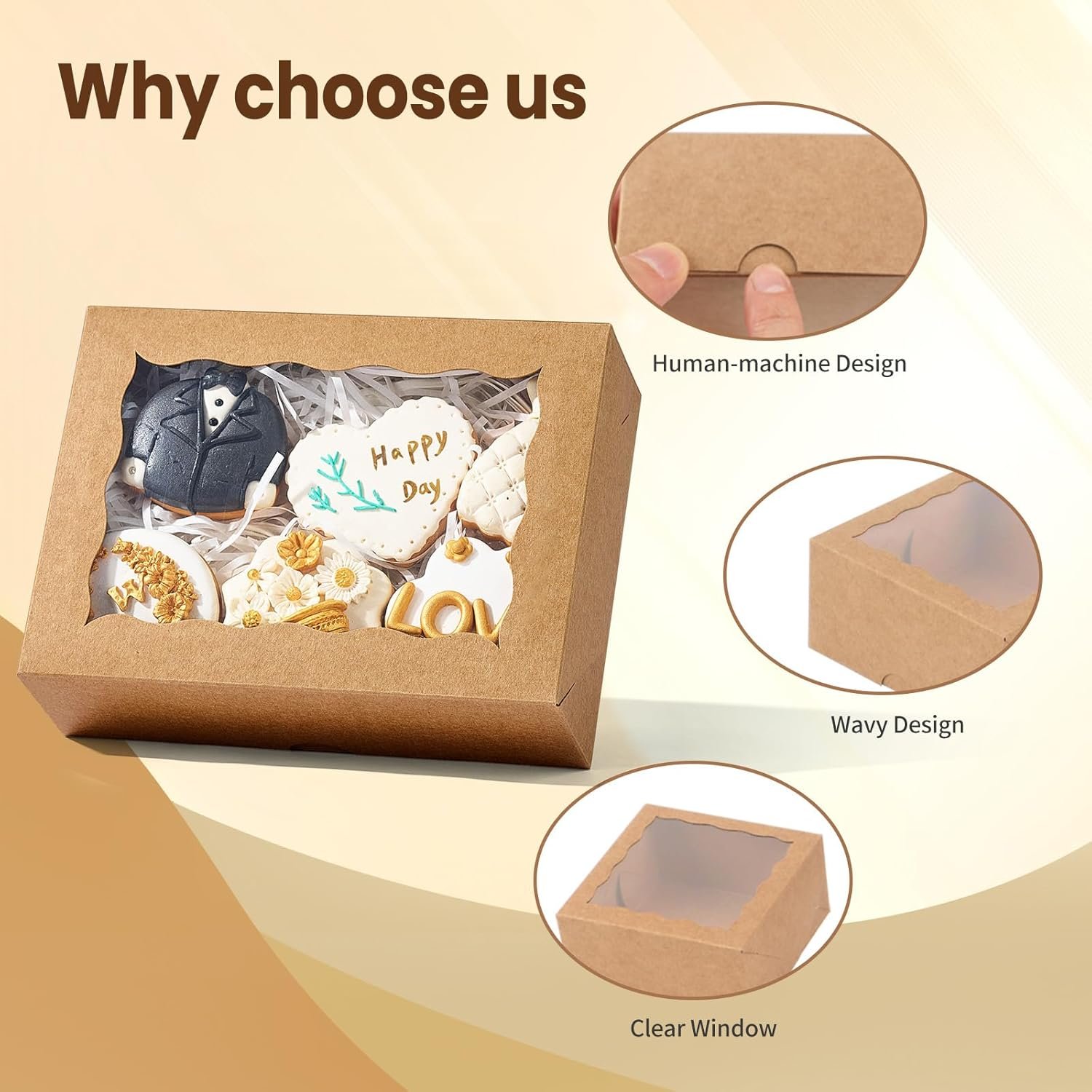 Großhandel 25 Stück 8 x 6 x 2,5 cm braune Keksboxen mit Fenster, perfekt für Pralinen, Macarons und Trüffel, individuell bedruckbar, OEM-Pastry-Box für Geschenke, ideal für Thanksgiving, Vatertag und Weihnachtsfeiern.