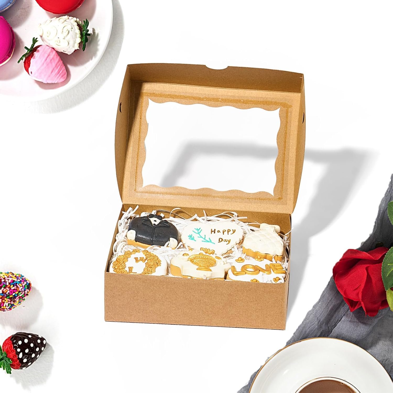 Großhandel 25 Stück 8 x 6 x 2,5 cm braune Keksboxen mit Fenster, perfekt für Pralinen, Macarons und Trüffel, individuell bedruckbar, OEM-Pastry-Box für Geschenke, ideal für Thanksgiving, Vatertag und Weihnachtsfeiern.