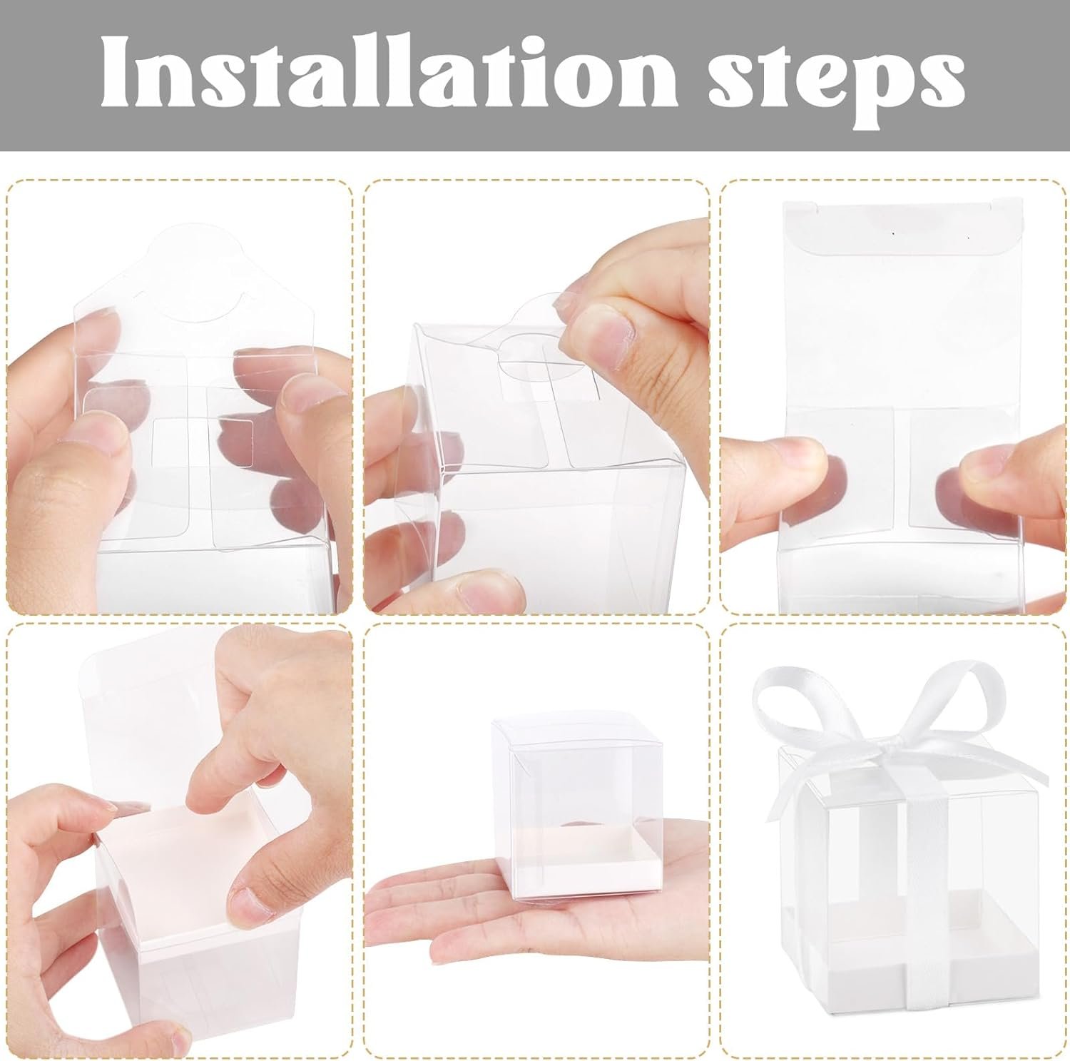 Großhandel 50 Stück Favoritenboxen, 2x2x2 Zoll Klare Süßigkeitenboxen mit weißen Bändern, ideale Mini-Plastikgeschenkboxen für Hochzeit, Geburtstag, Babyparty und Klassenzimmerschmuck, Individuelles Logo möglich, Fabrik für maßgeschneiderte Lösungen.