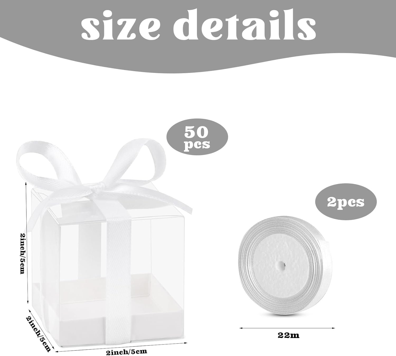 Großhandel 50 Stück Favoritenboxen, 2x2x2 Zoll Klare Süßigkeitenboxen mit weißen Bändern, ideale Mini-Plastikgeschenkboxen für Hochzeit, Geburtstag, Babyparty und Klassenzimmerschmuck, Individuelles Logo möglich, Fabrik für maßgeschneiderte Lösungen.