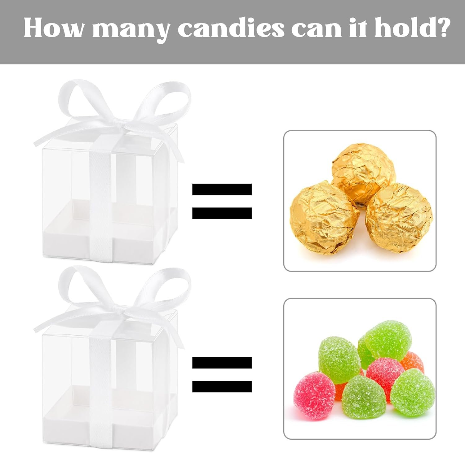 Großhandel 50 Stück Favoritenboxen, 2x2x2 Zoll Klare Süßigkeitenboxen mit weißen Bändern, ideale Mini-Plastikgeschenkboxen für Hochzeit, Geburtstag, Babyparty und Klassenzimmerschmuck, Individuelles Logo möglich, Fabrik für maßgeschneiderte Lösungen.
