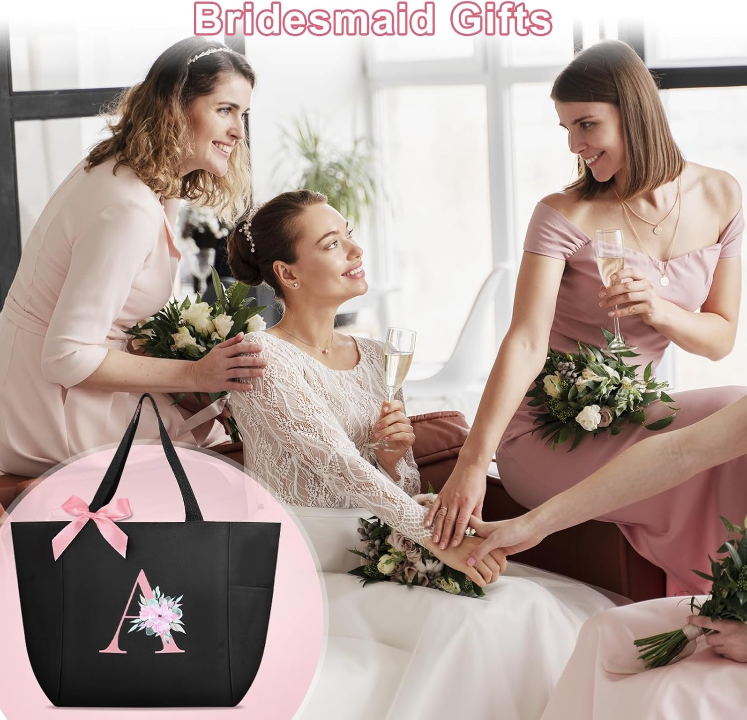 Großhandel wasserdichte Tote Bag mit A-Z Initialen, Individuelles Logo für Damen, OEM-Bridesmaid-Geschenke in Schwarz und Pink, Großmenge verfügbar