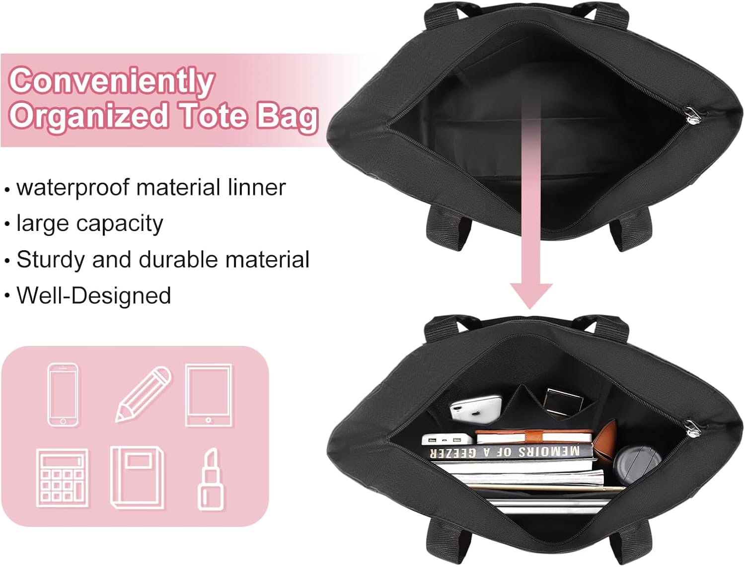 Großhandel wasserdichte Tote Bag mit A-Z Initialen, Individuelles Logo für Damen, OEM-Bridesmaid-Geschenke in Schwarz und Pink, Großmenge verfügbar