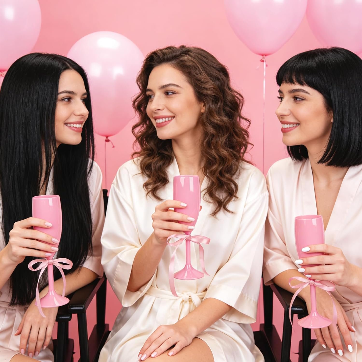 Großhandel KUP 10er Pack wiederverwendbare unzerbrechliche rosa Champagnerflöten aus Acryl mit Satinband und Nano Tape, perfektes toasten für Junggesellinnenabschied und Hochzeitsfeier – Individuelles Logo, Hersteller für hochwertige Kunststoffgläser.