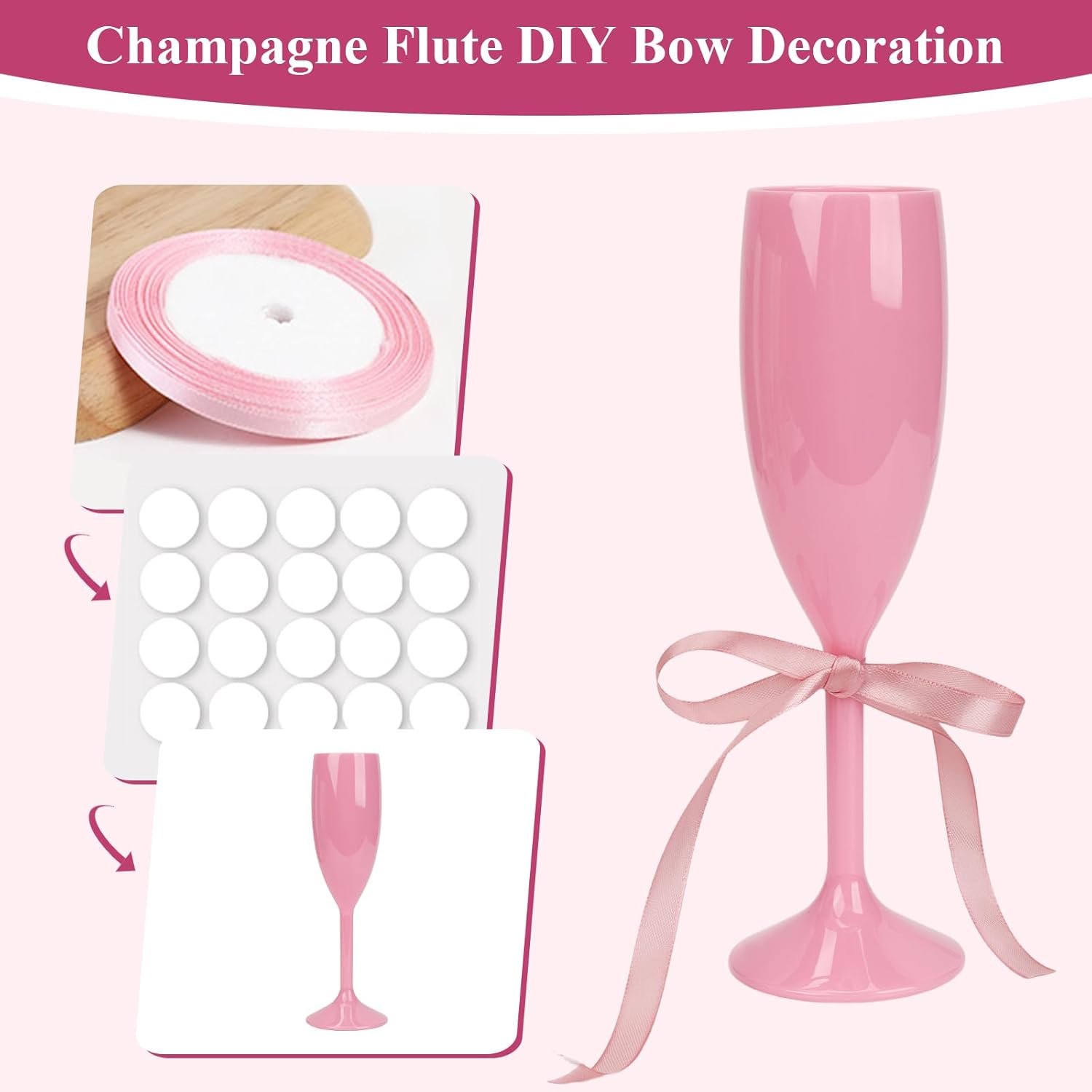 Großhandel KUP 10er Pack wiederverwendbare unzerbrechliche rosa Champagnerflöten aus Acryl mit Satinband und Nano Tape, perfektes toasten für Junggesellinnenabschied und Hochzeitsfeier – Individuelles Logo, Hersteller für hochwertige Kunststoffgläser.