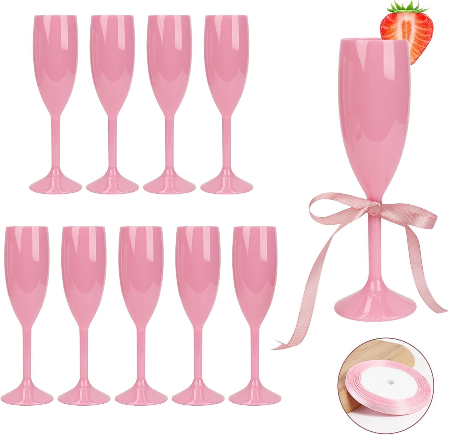 Großhandel KUP 10er Pack wiederverwendbare unzerbrechliche rosa Champagnerflöten aus Acryl mit Satinband und Nano Tape, perfektes toasten für Junggesellinnenabschied und Hochzeitsfeier – Individuelles Logo, Hersteller für hochwertige Kunststoffgläser.